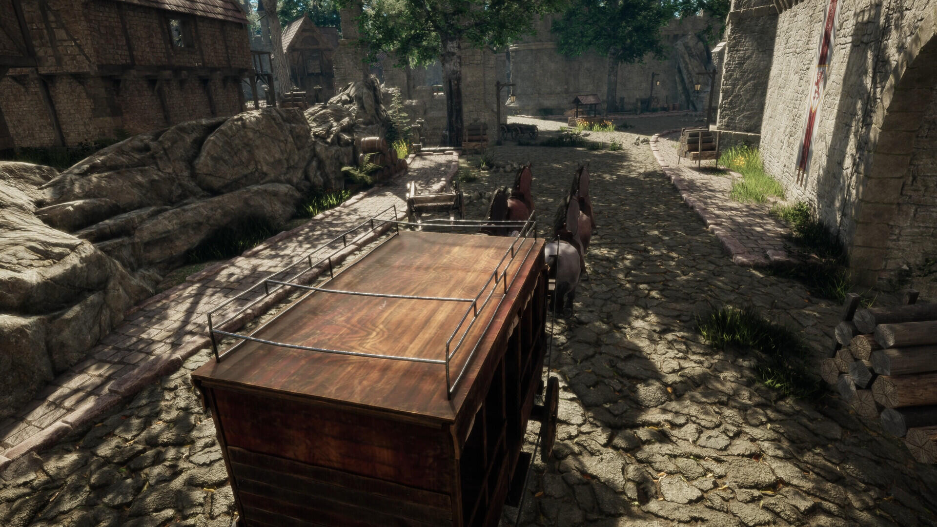 A detailed HD wallpaper from the video game The Quinfall, featuring a wooden carriage on a cobblestone street, surrounded by quaint buildings and lush greenery.