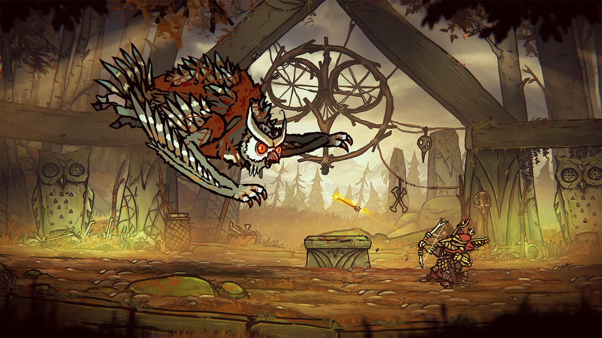 An action-packed scene from Tails of Iron 2: Whiskers of Winter, featuring a fierce creature leaping towards a character in a richly detailed, atmospheric environment.