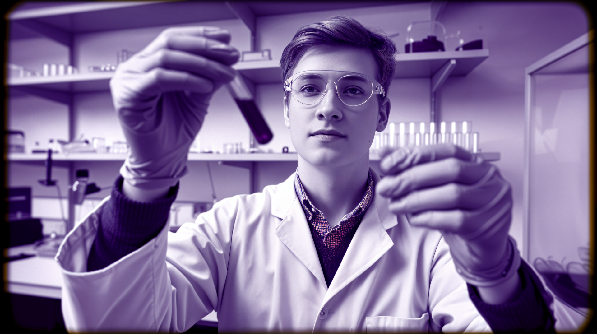 A geneticist in a lab coat examines test tubes in a vibrant laboratory setting, showcasing the dynamic world of genetic research. 4K Ultra HD desktop wallpaper.