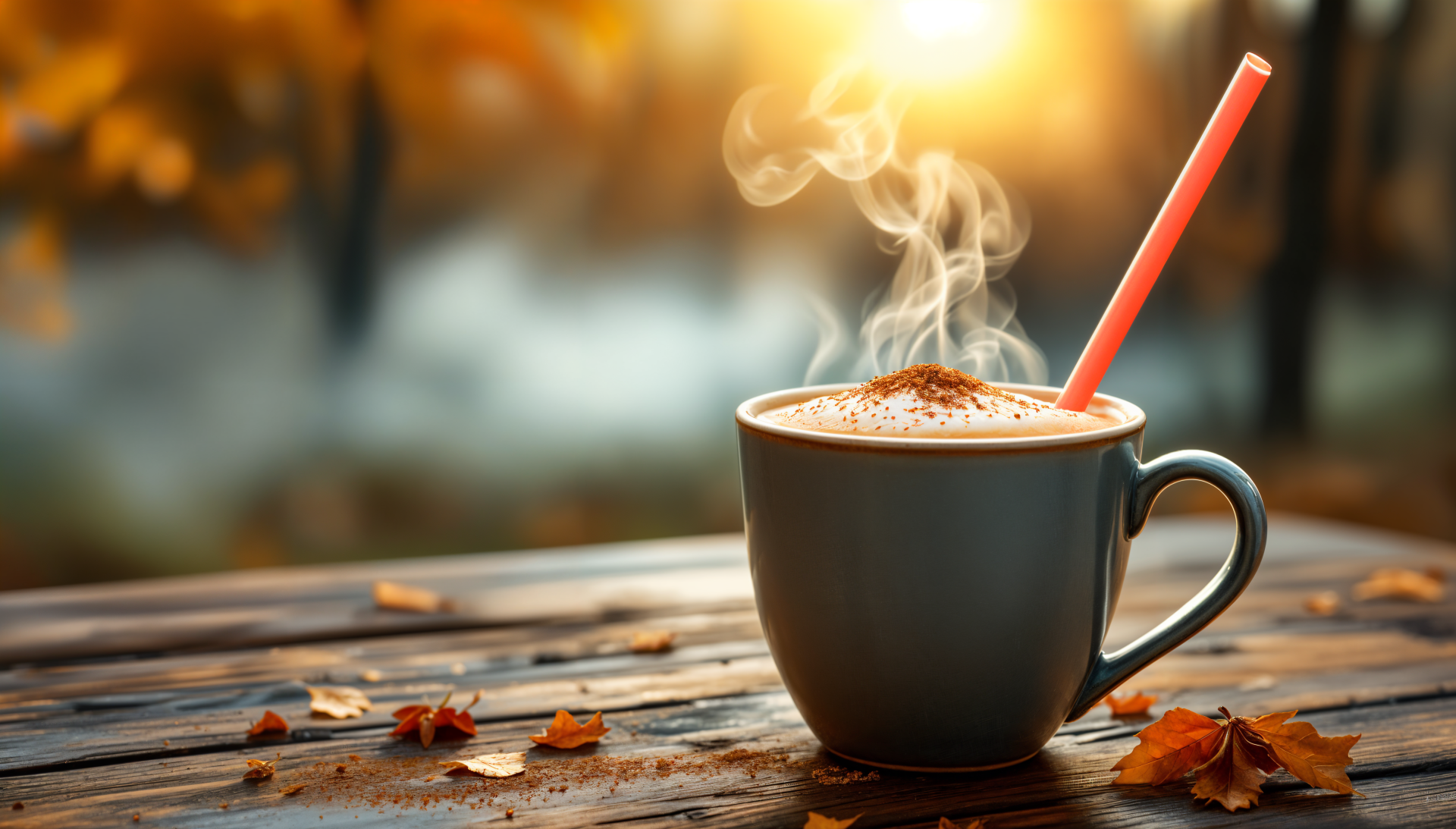 A steaming mug of pumpkin spice sits on a rustic table scattered with autumn leaves, illuminated by warm sunlight, creating a cozy fall atmosphere in this 4K Ultra HD wallpaper.