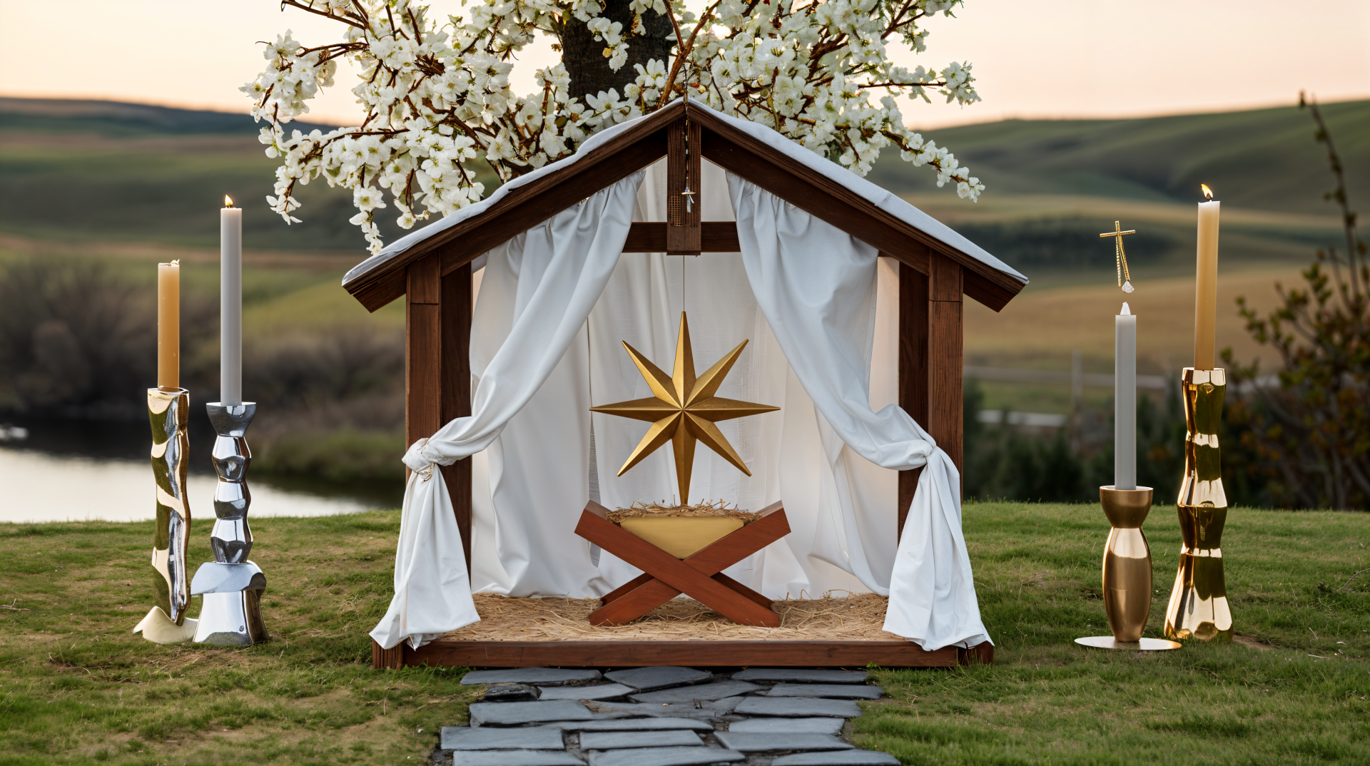 A beautifully crafted nativity scene featuring a golden star, set in a serene landscape, serves as an inspiring 4K Ultra HD desktop wallpaper and background.