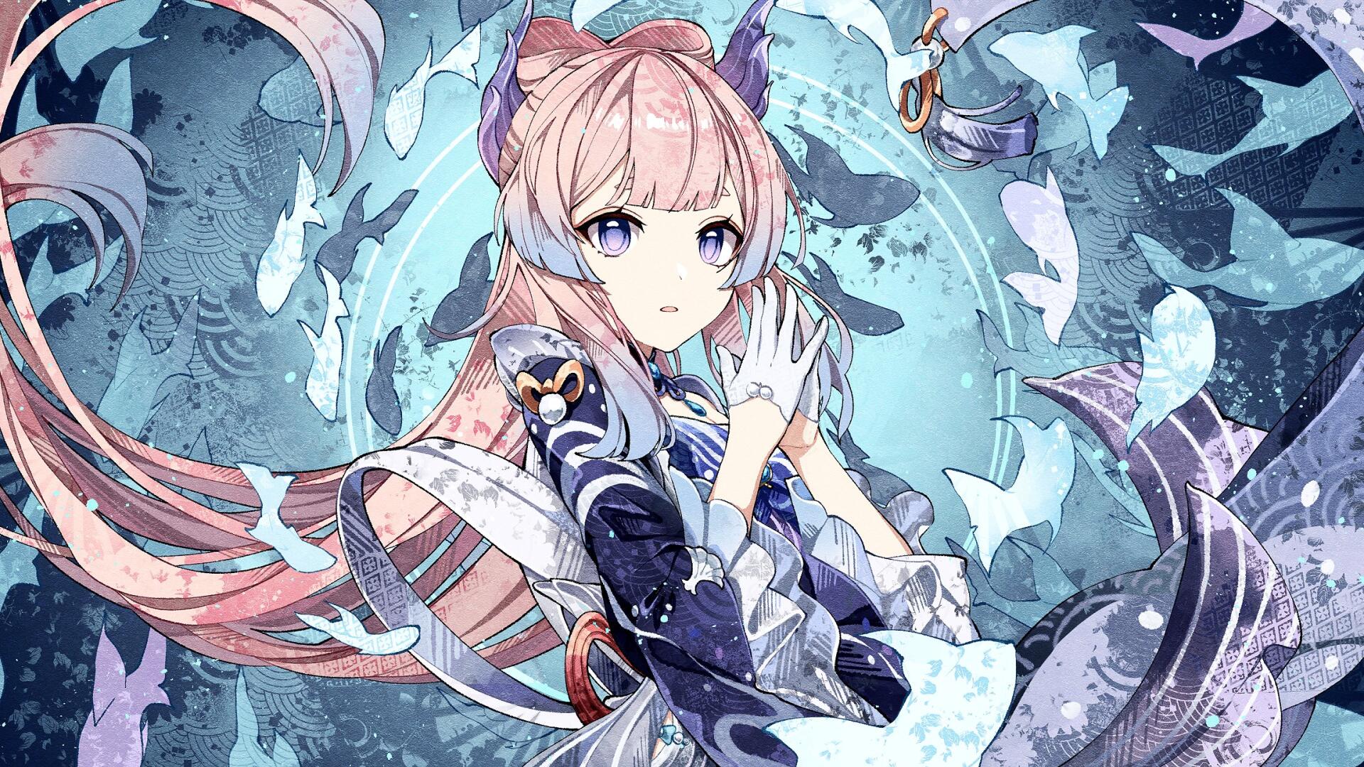 HD PC desktop wallpaper featuring Sangonomiya Kokomi, a girl character from the video game Genshin Impact, surrounded by ethereal aquatic elements and soft blue tones.