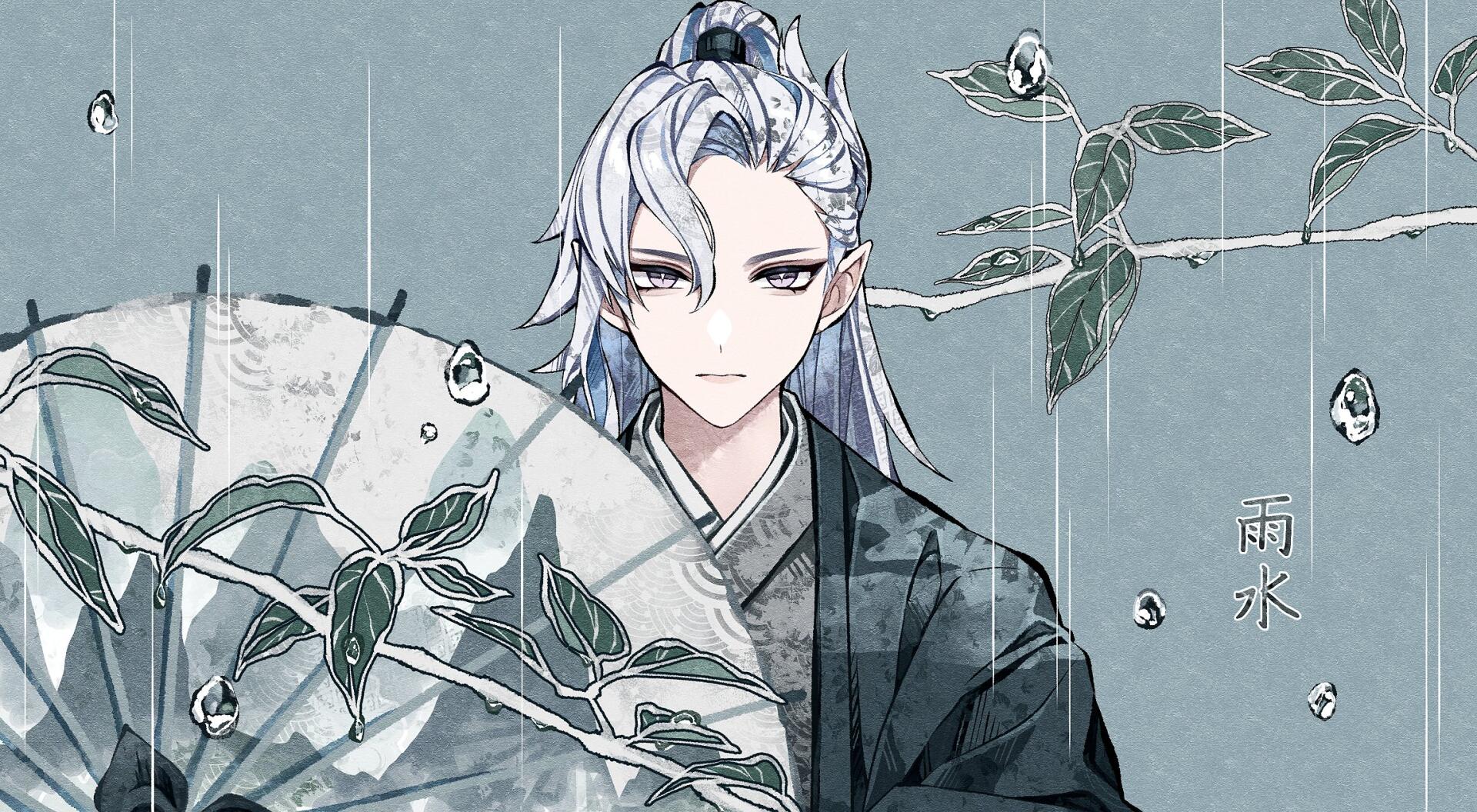 HD PC wallpaper of Neuvillette from the Genshin Impact video game — a silver‑haired young man in traditional robes holding a leaf-patterned fan amid falling rain.