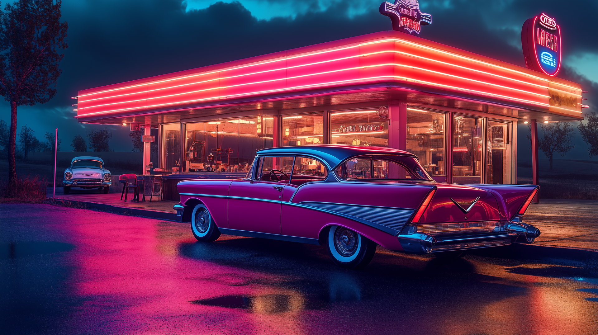 A vibrant retro scene featuring a classic car parked in front of a neon-lit diner, capturing the nostalgic essence of Route 66 in an HD desktop wallpaper.