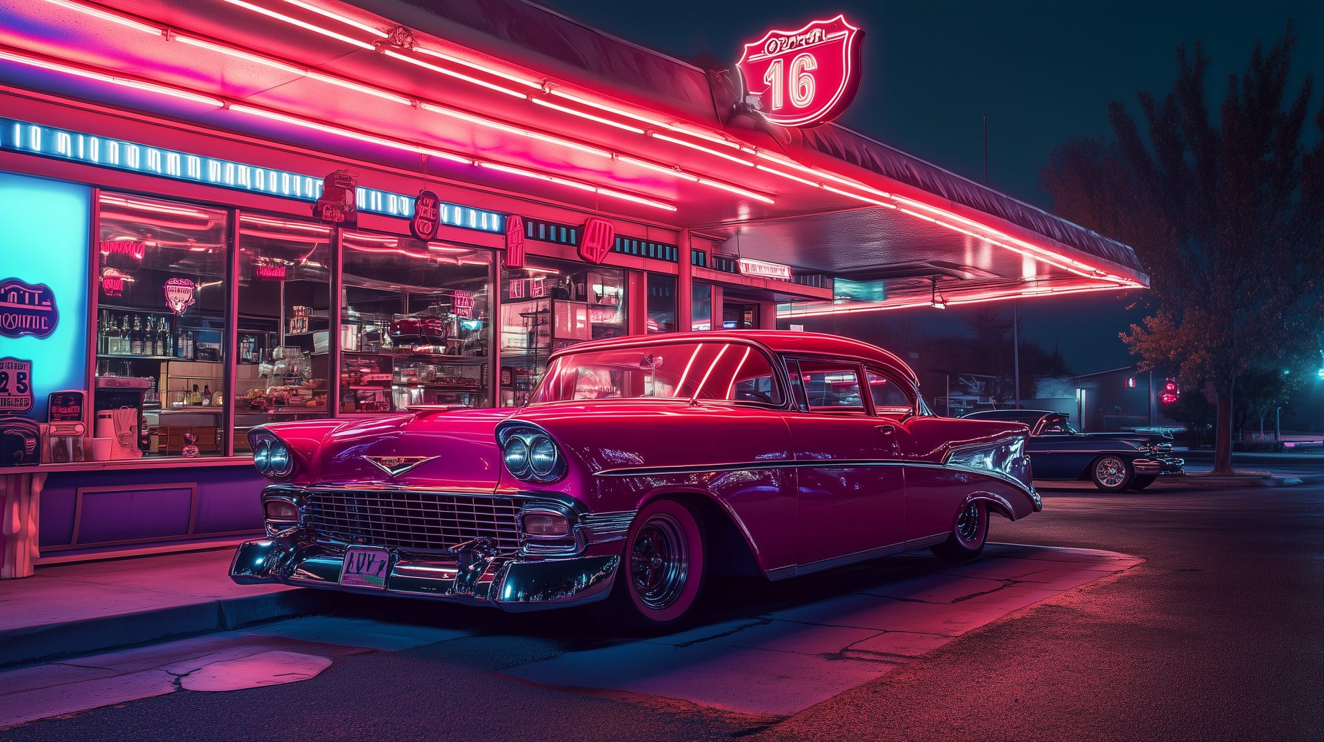 A red vintage car parked outside a neon-lit diner at night, captured in HD for a striking PC desktop wallpaper background.