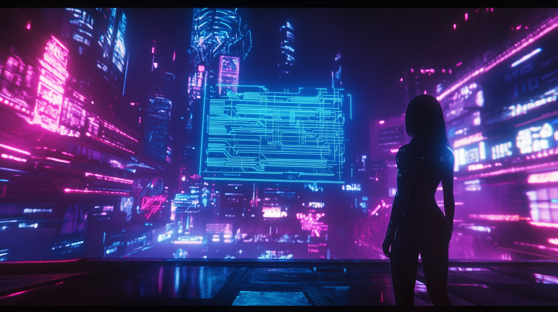 A silhouetted figure stands before a vibrant cyberpunk cityscape, filled with neon colors and holographic displays, creating an immersive futuristic atmosphere in HD quality.