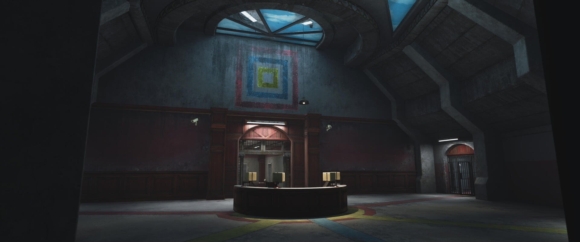 A vibrant HD desktop wallpaper featuring an eerie interior scene from Poppy Playtime: Chapter 4, highlighting a reception area with striking architectural details and lighting.