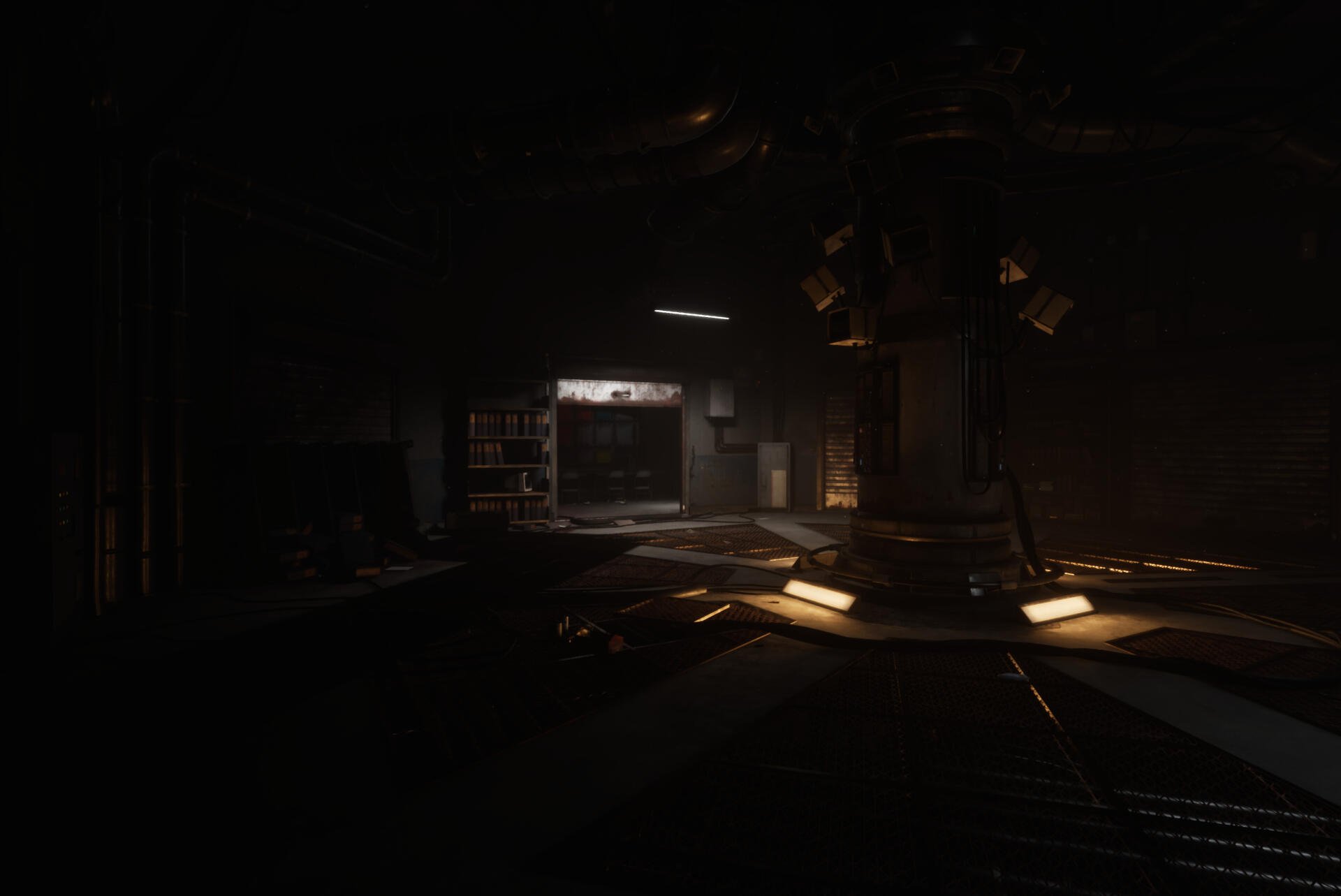 A dark, atmospheric HD wallpaper featuring an eerie setting from Poppy Playtime: Chapter 4, showcasing shadows and dim lighting that enhance the game's suspenseful vibe.