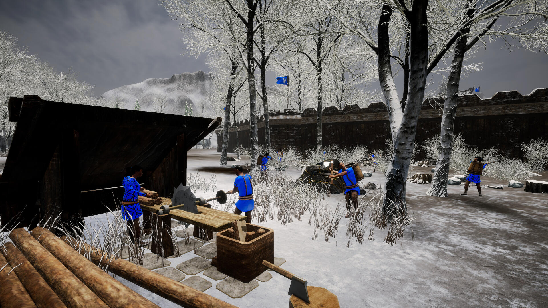 A snowy scene from the video game Eyes of War, featuring characters in blue attire working amid trees and ruins, set against a dramatic, overcast sky. 4K Ultra HD quality.