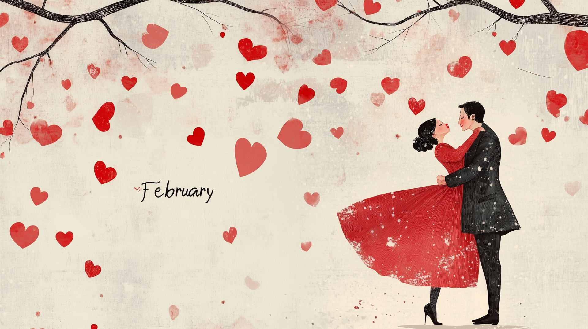 An artistic HD wallpaper for February features a couple in love, surrounded by floating red hearts, capturing the spirit of Valentine's Day beautifully.