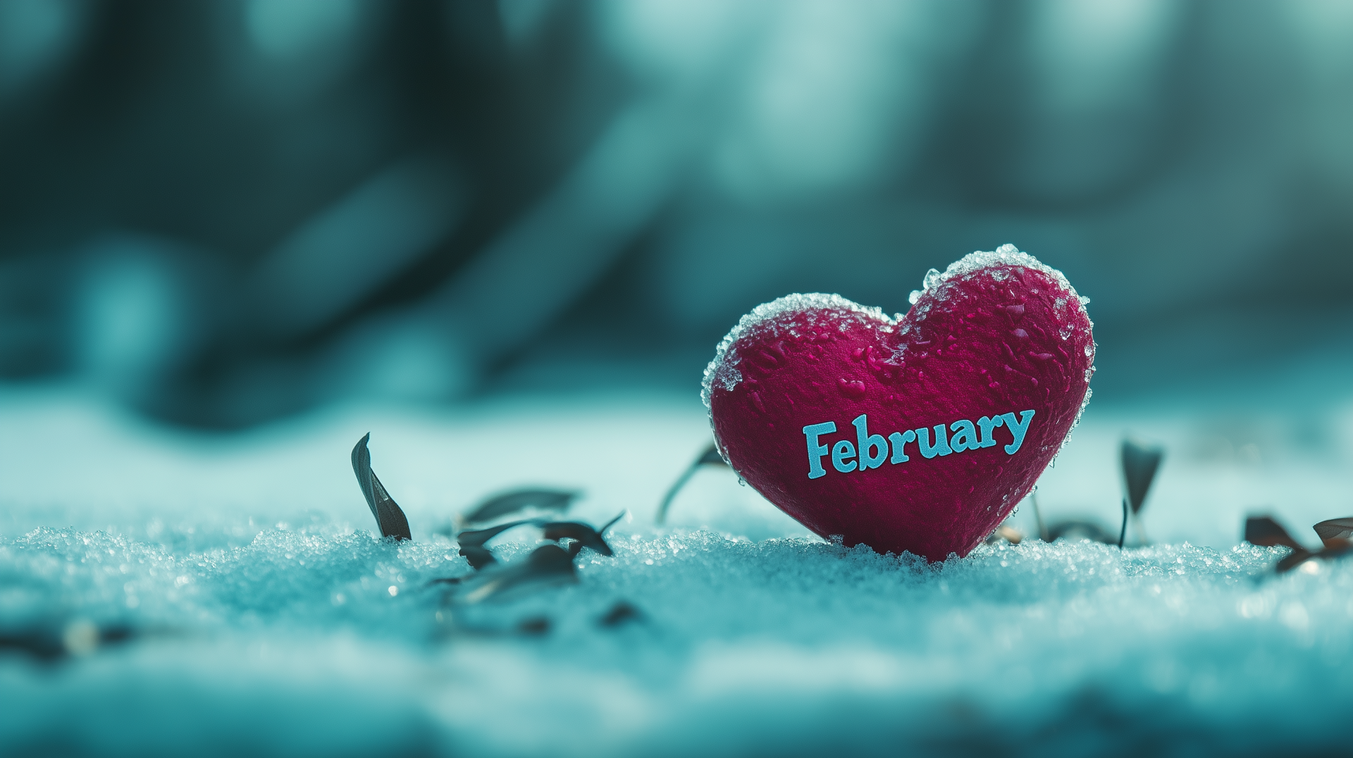 A vibrant red heart labeled February sits atop a snowy surface, embodying the themes of love and cold, perfect for a Valentine's Day backdrop.