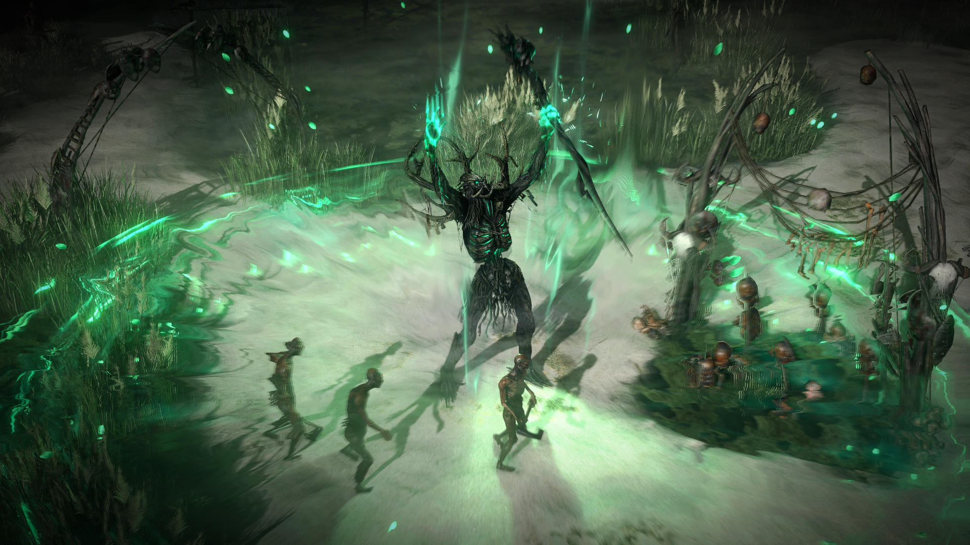 A dramatic scene from Path of Exile 2, featuring a powerful monster surrounded by eerie green energy and a group of approaching figures in a haunting landscape. 4K Ultra HD wallpaper.