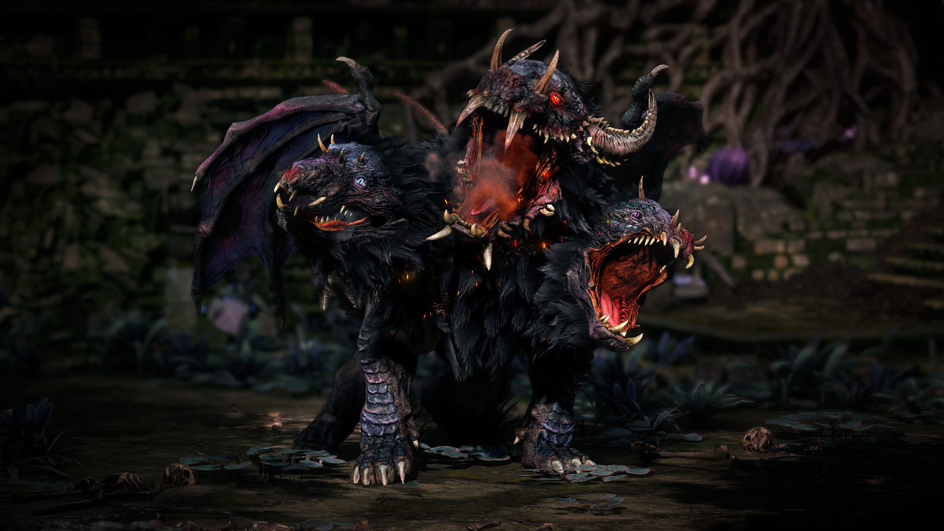 A detailed 4K Ultra HD wallpaper featuring Cerberus from Path of Exile 2, showcasing the three-headed beast with fierce expressions in a dark, atmospheric setting.