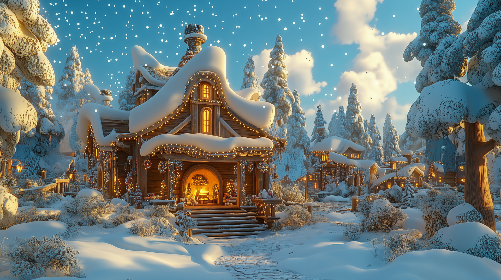 HD desktop wallpaper of a warm and cozy lodge nestled in a snowy landscape, surrounded by snow-covered trees under a soft, glowing sky.