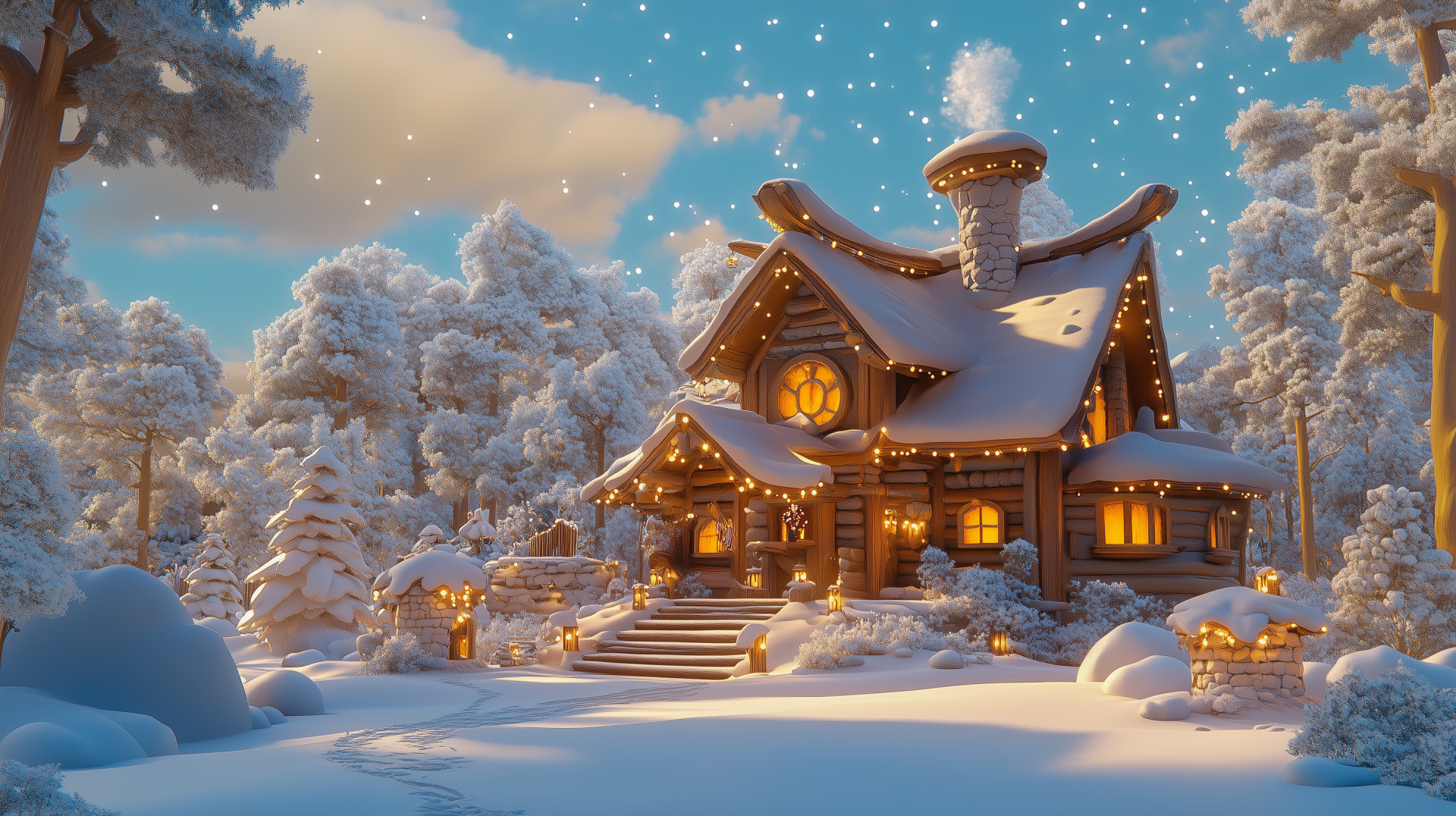 A cozy lodge surrounded by snow, adorned with warm lights, set against a serene winter landscape. This HD desktop wallpaper captures the essence of a warm and inviting winter retreat.