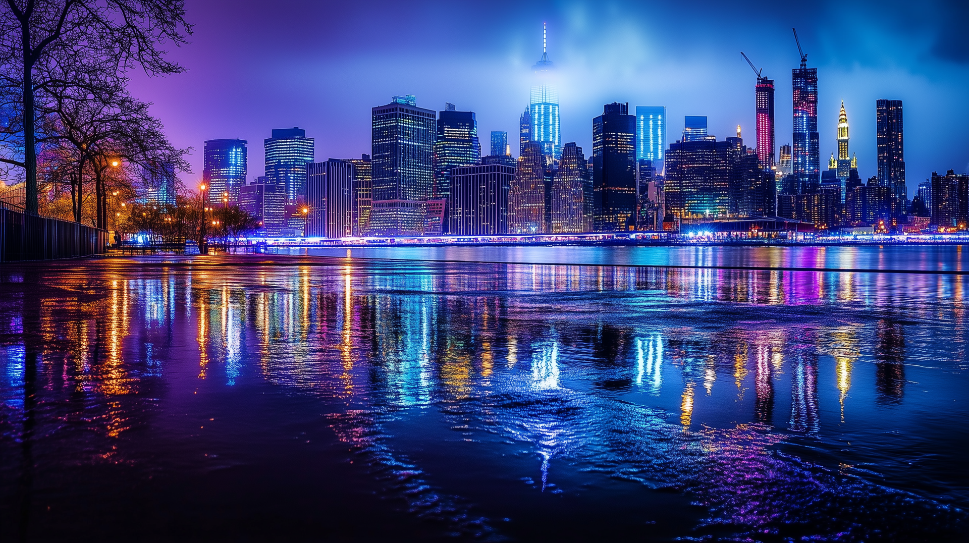 A vibrant midnight city skyline reflected on wet pavement, blending urban landscape with luminous colors in this HD PC desktop wallpaper.