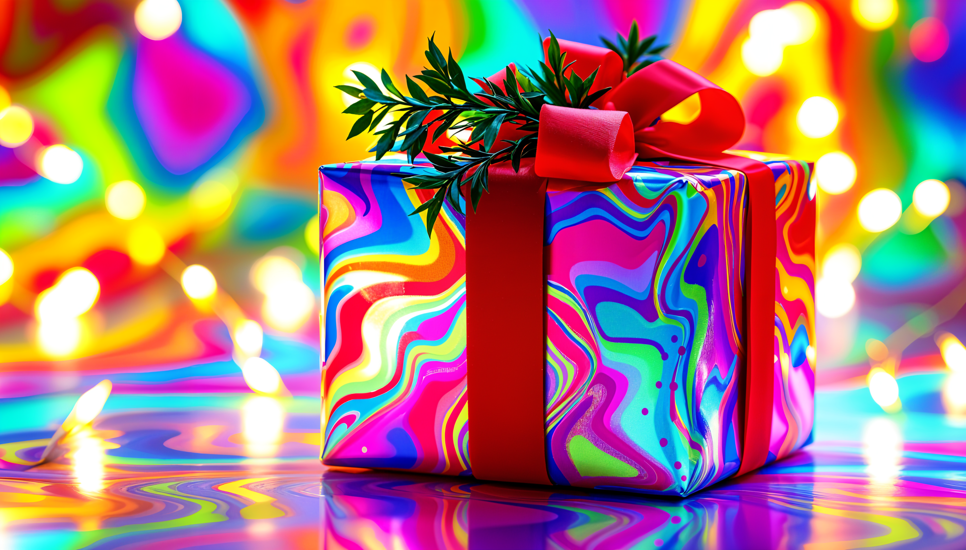 A colorful, swirl-patterned Christmas gift wrapped in vibrant paper, adorned with a red ribbon and greenery, set against a bright, festive background in this 4K Ultra HD wallpaper.