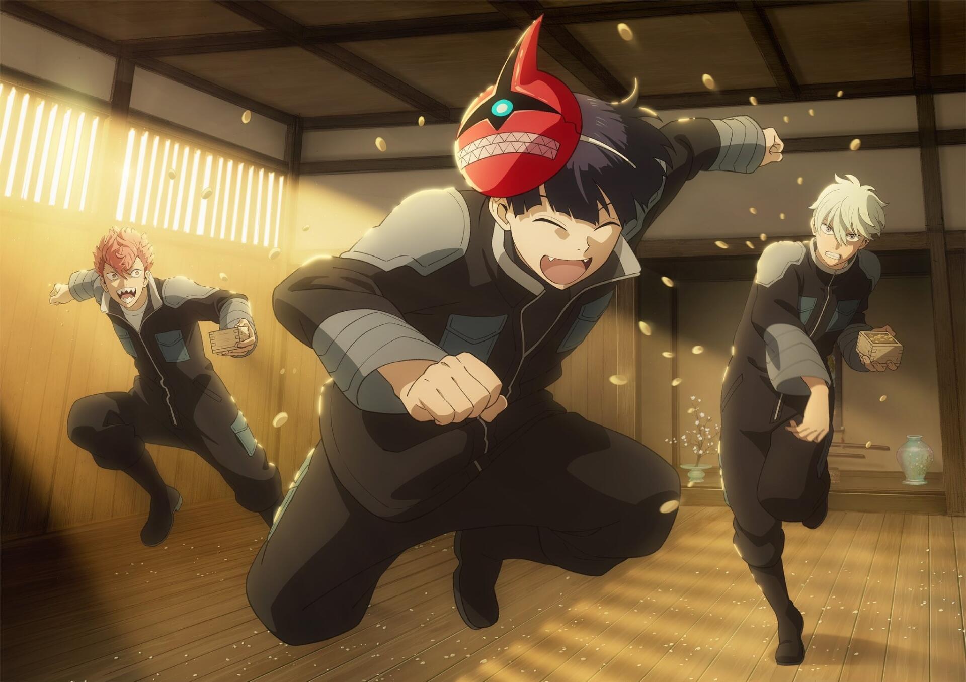 Anime Kaiju No. 8 wallpaper: Soushirou Hoshina, Reno Ichikawa and Iharu Furuhashi sprinting through a sunlit dojo, dynamic HD PC desktop wallpaper/background.