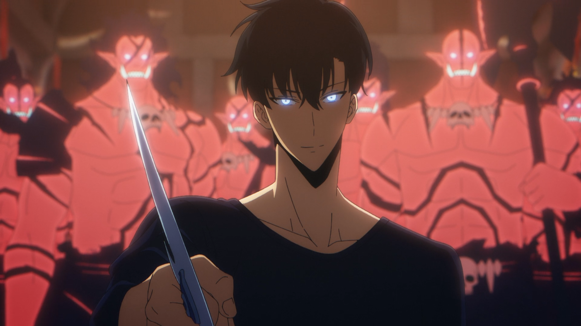 HD anime desktop wallpaper featuring Sung Jin-Woo from Solo Leveling, holding a weapon with glowing eyes and shadowy figures in the red-lit background.