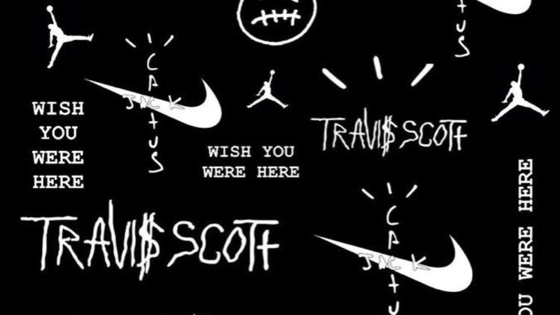 HD PC desktop wallpaper featuring a black and white design with Nike logos, Travis Scott text, and basketball-themed graphics.
