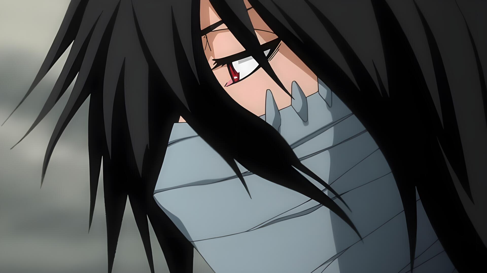 Close-up of Ichigo Kurosaki from Bleach—anime 4K Ultra HD PC desktop wallpaper and background showing a masked face, red eye and long dark hair against a muted backdrop.