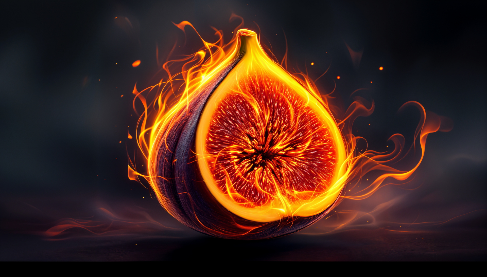 A vibrant, stylized fig is depicted against a dark background, surrounded by fiery orange and yellow flames, creating a striking 4K Ultra HD desktop wallpaper.