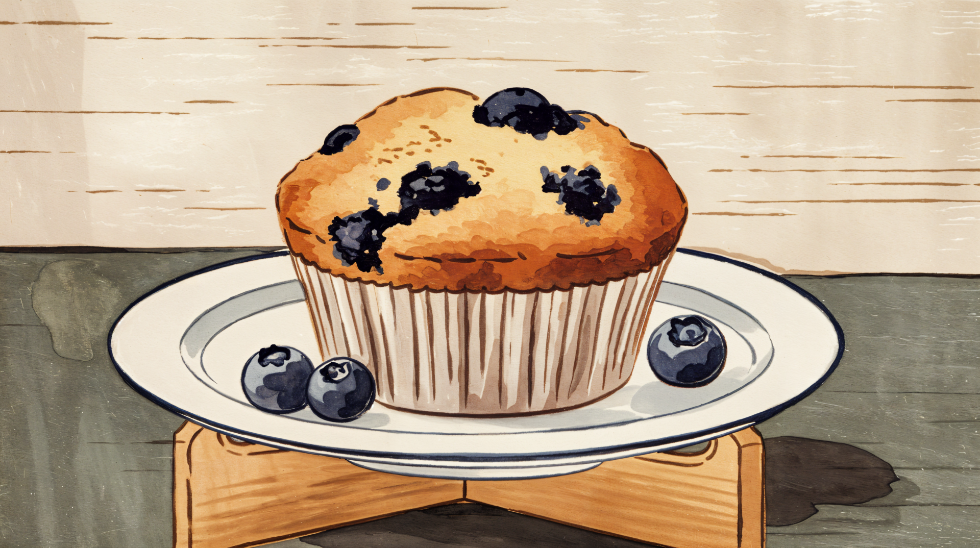 A delicious blueberry muffin sits on a plate, surrounded by fresh blueberries, set against a rustic background. This image serves as a vibrant 4K Ultra HD desktop wallpaper.