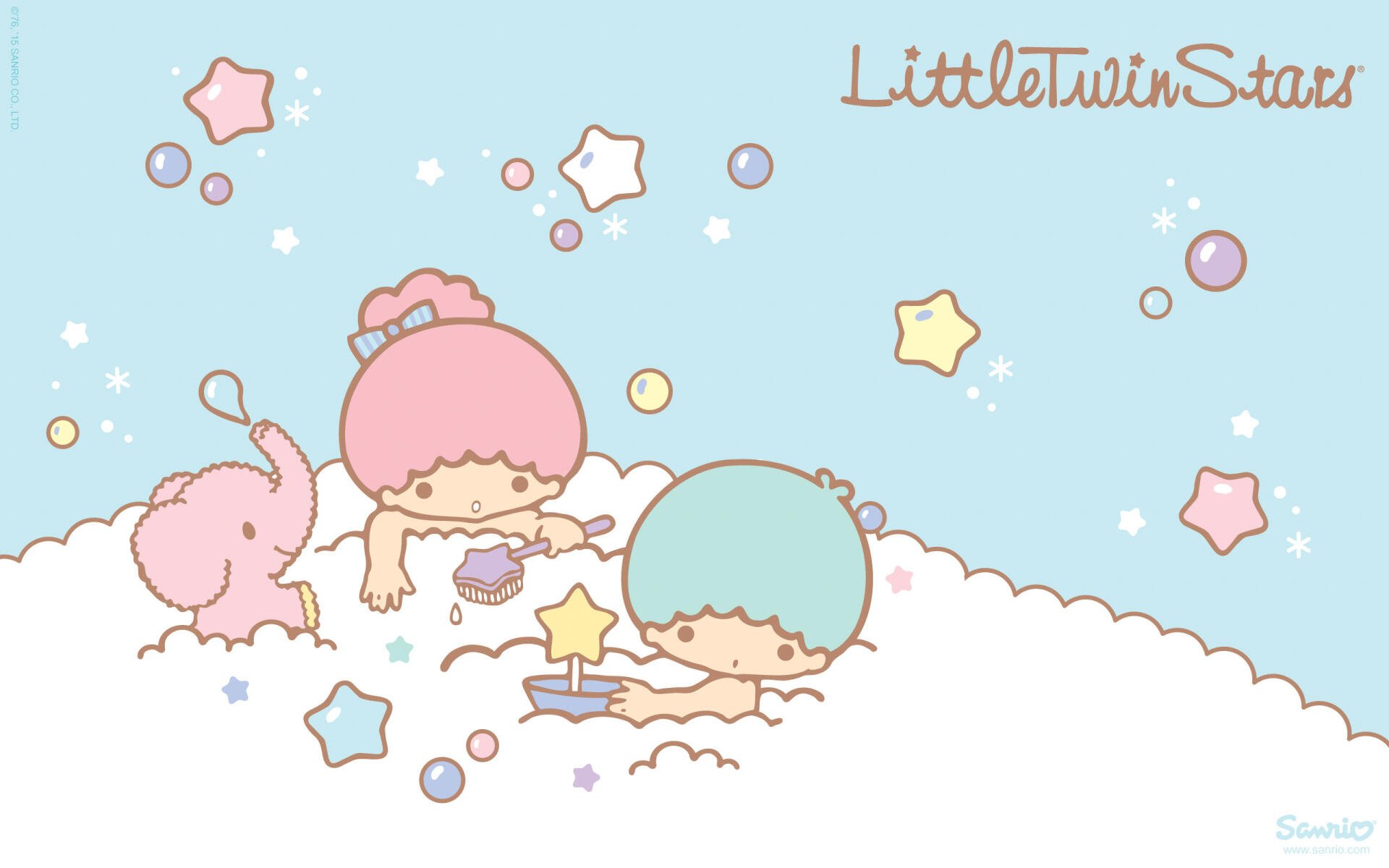 A charming HD desktop wallpaper featuring the Little Twin Stars from Sanrio, with pastel colors, playful elements, and an adorable elephant amidst clouds and stars.