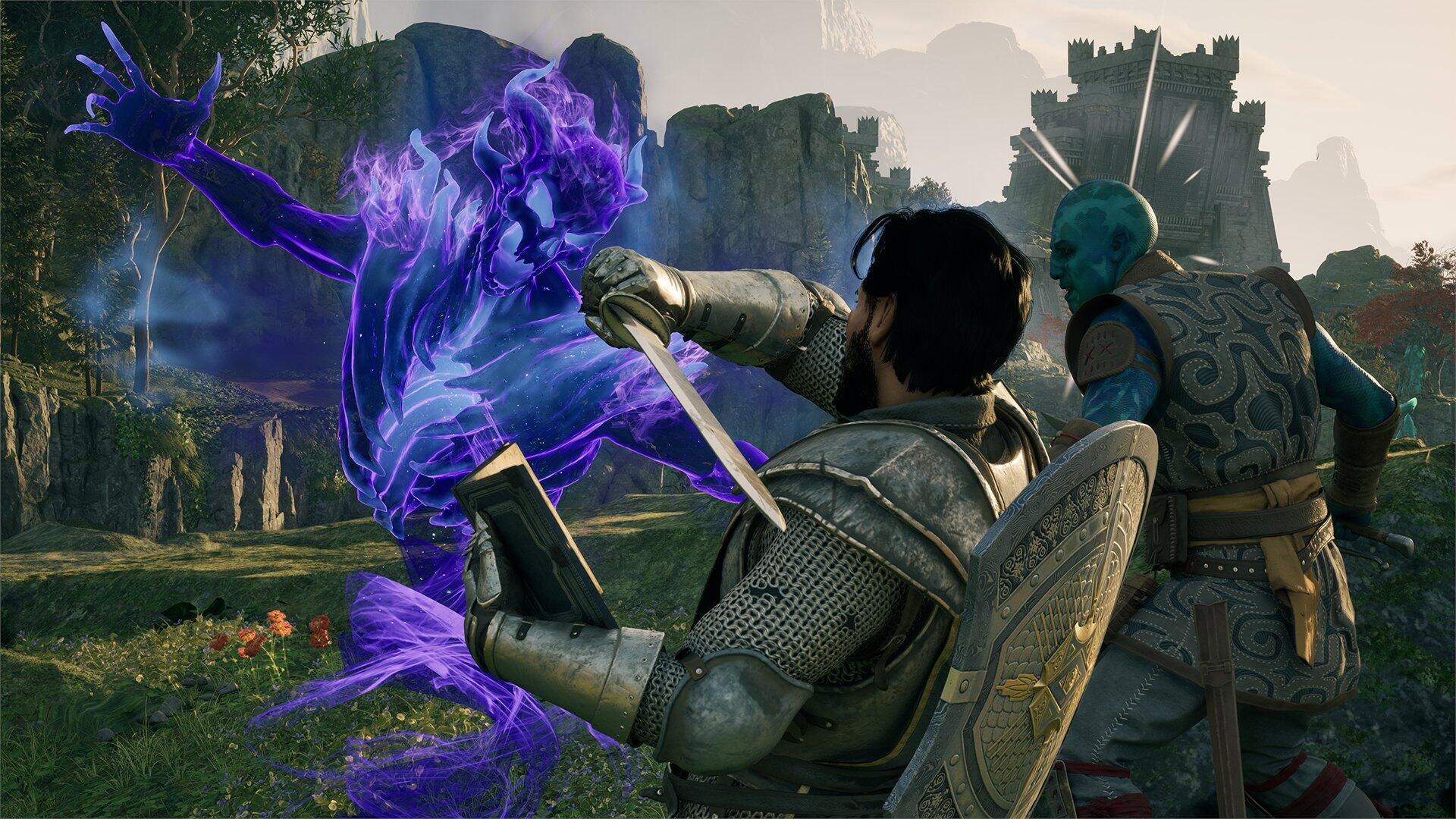 A warrior confronts a purple spirit in the game Avowed, set against a backdrop of ancient ruins. The HD wallpaper captures an intense moment in this epic fantasy adventure.
