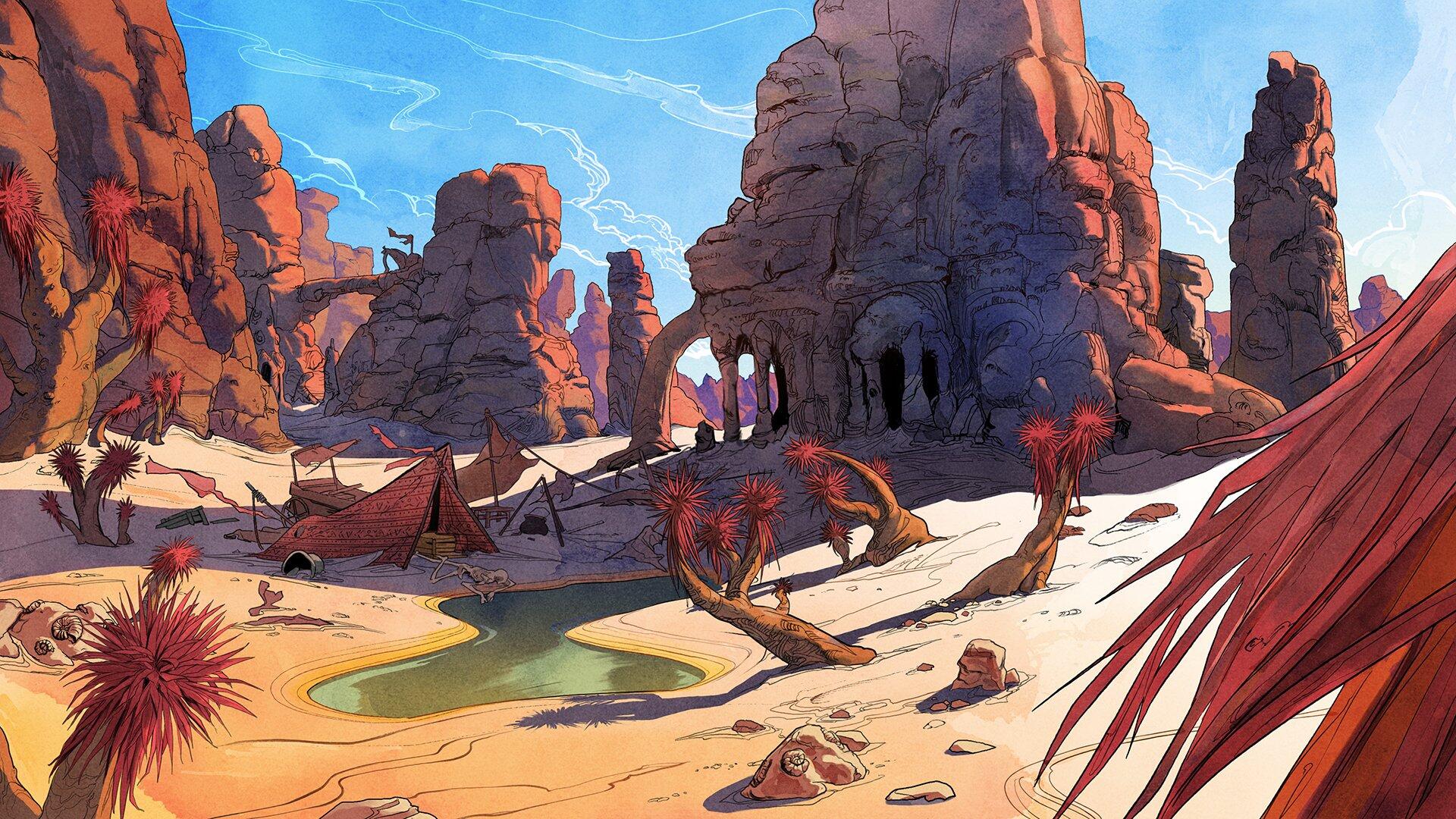 HD PC desktop wallpaper showcasing a desert landscape from the video game Avowed, featuring rocky formations, sparse vegetation, and a clear blue sky.