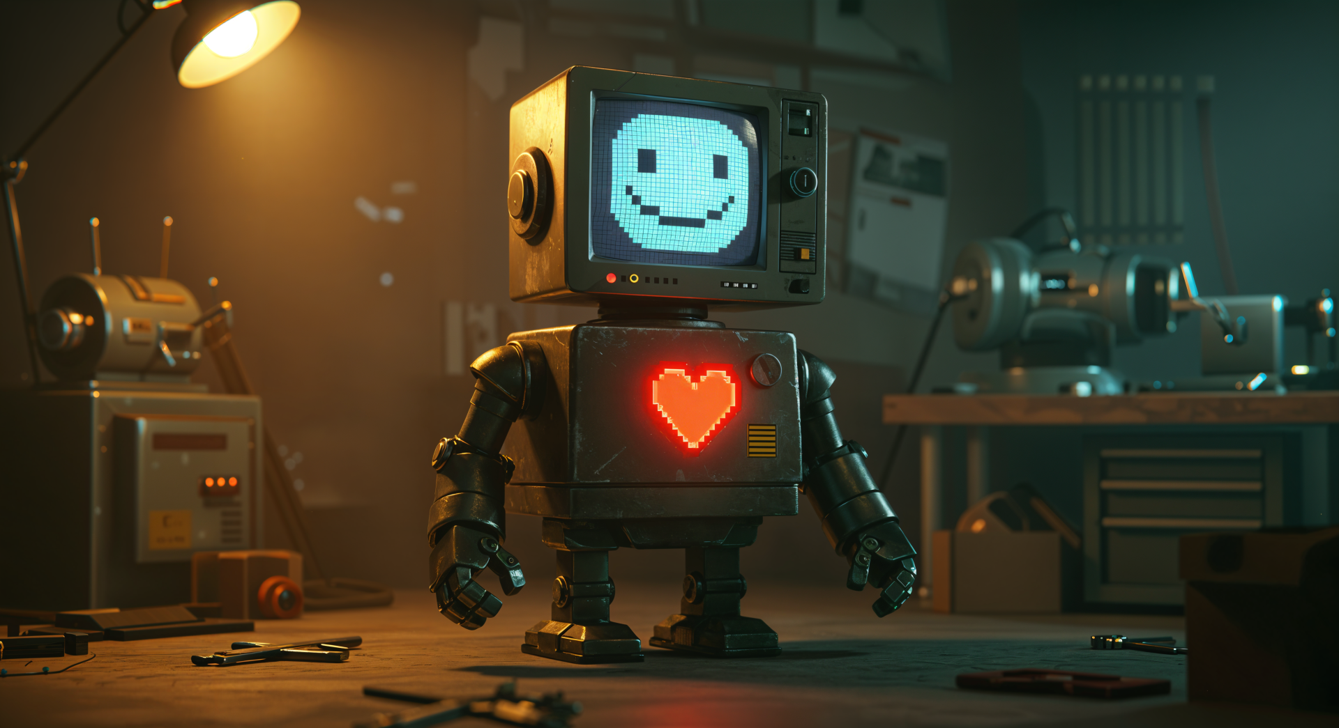 A whimsical robot with a vintage TV head displaying a smiley face and a glowing heart stands in a dimly lit workshop, showcasing a blend of sci-fi charm in 4K Ultra HD quality.