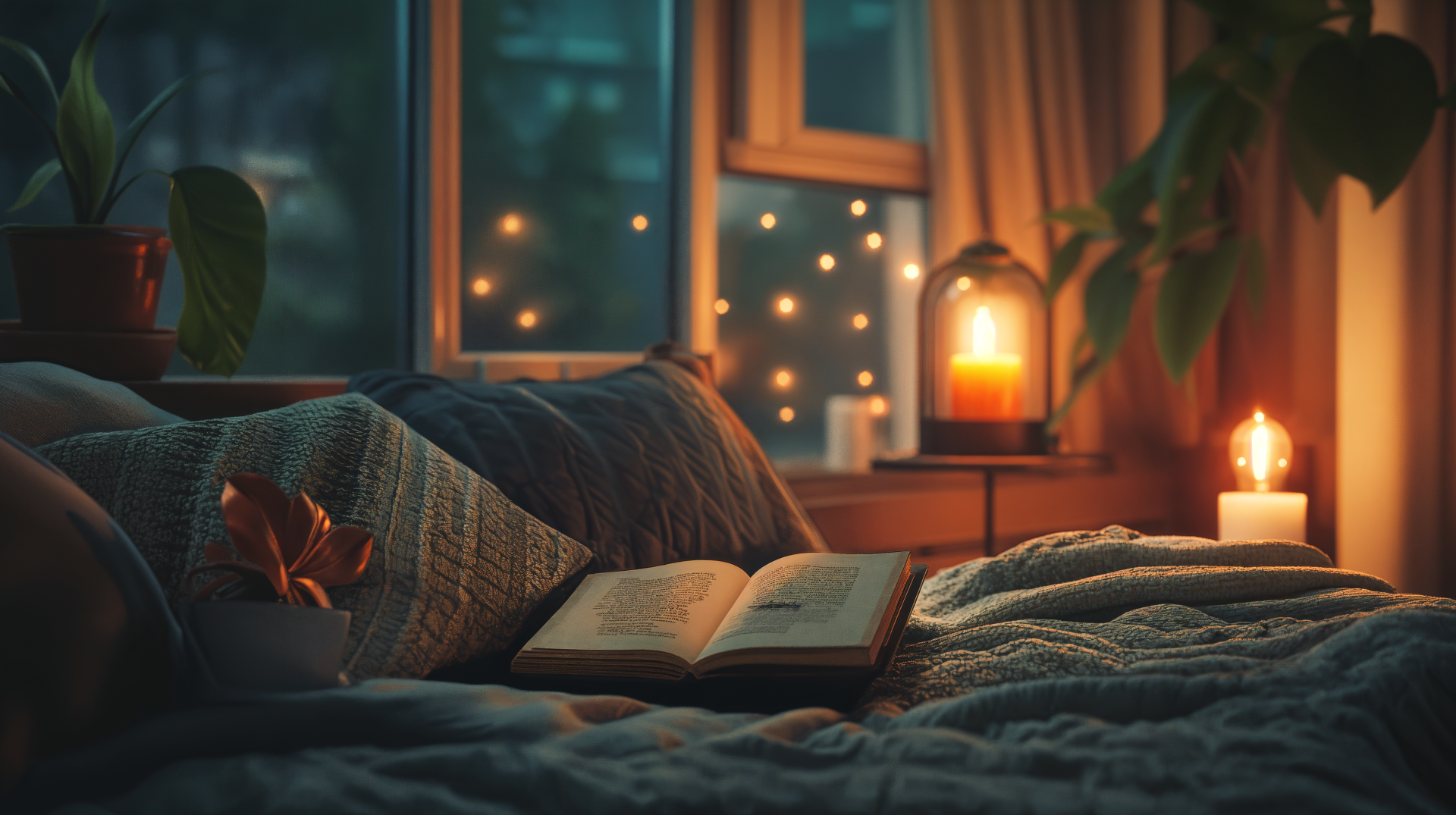 A cozy, candlelit bedroom at night with an open book on soft blankets by a window, glowing lantern, and warm ambient lights—4K Ultra HD PC wallpaper capturing a peaceful reading nook.