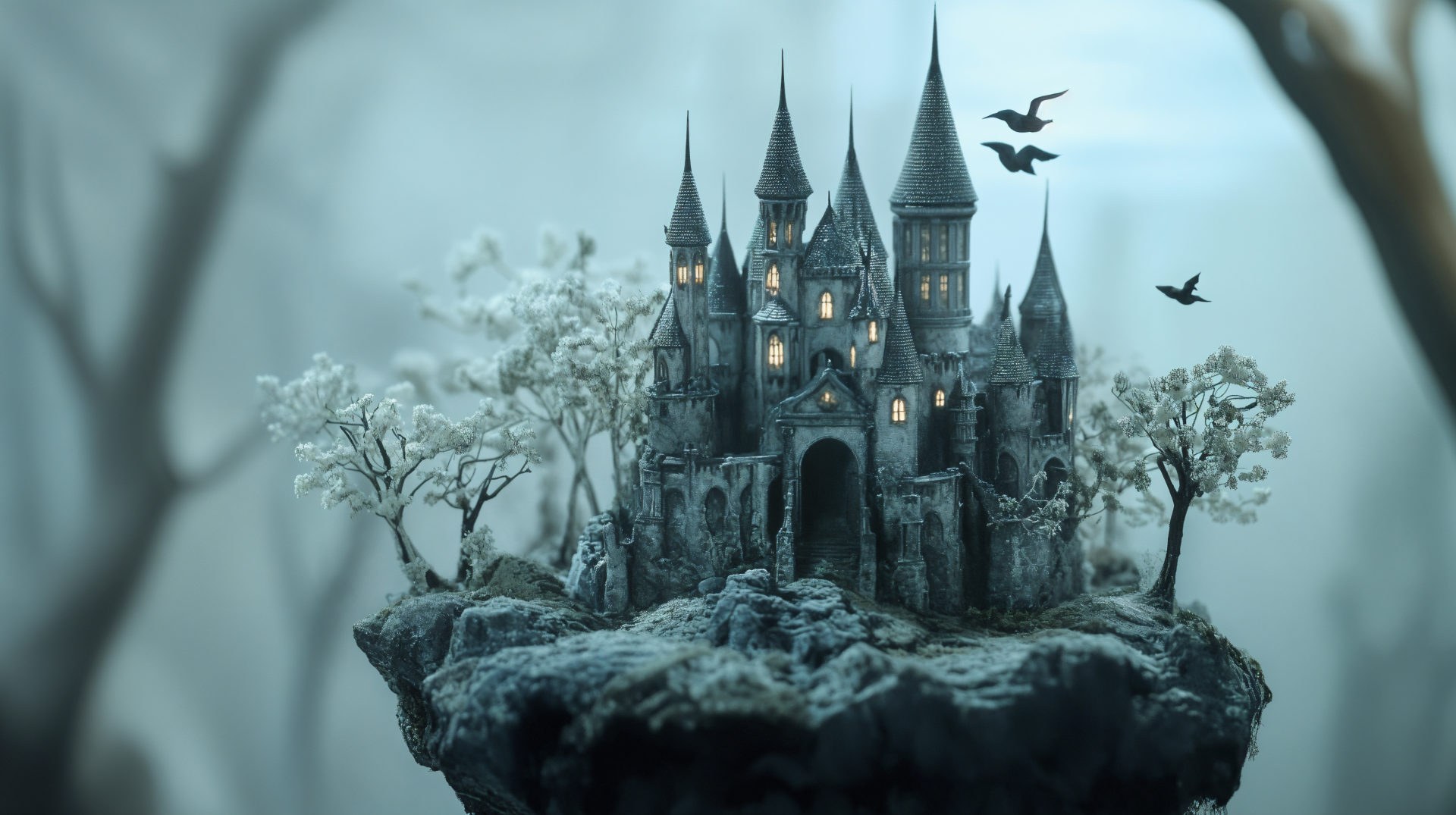 An enchanting castle rises above misty terrain, adorned with tall spires and glowing windows, set against a backdrop of snowy trees and flying birds. A stunning 4K Ultra HD fantasy wallpaper.