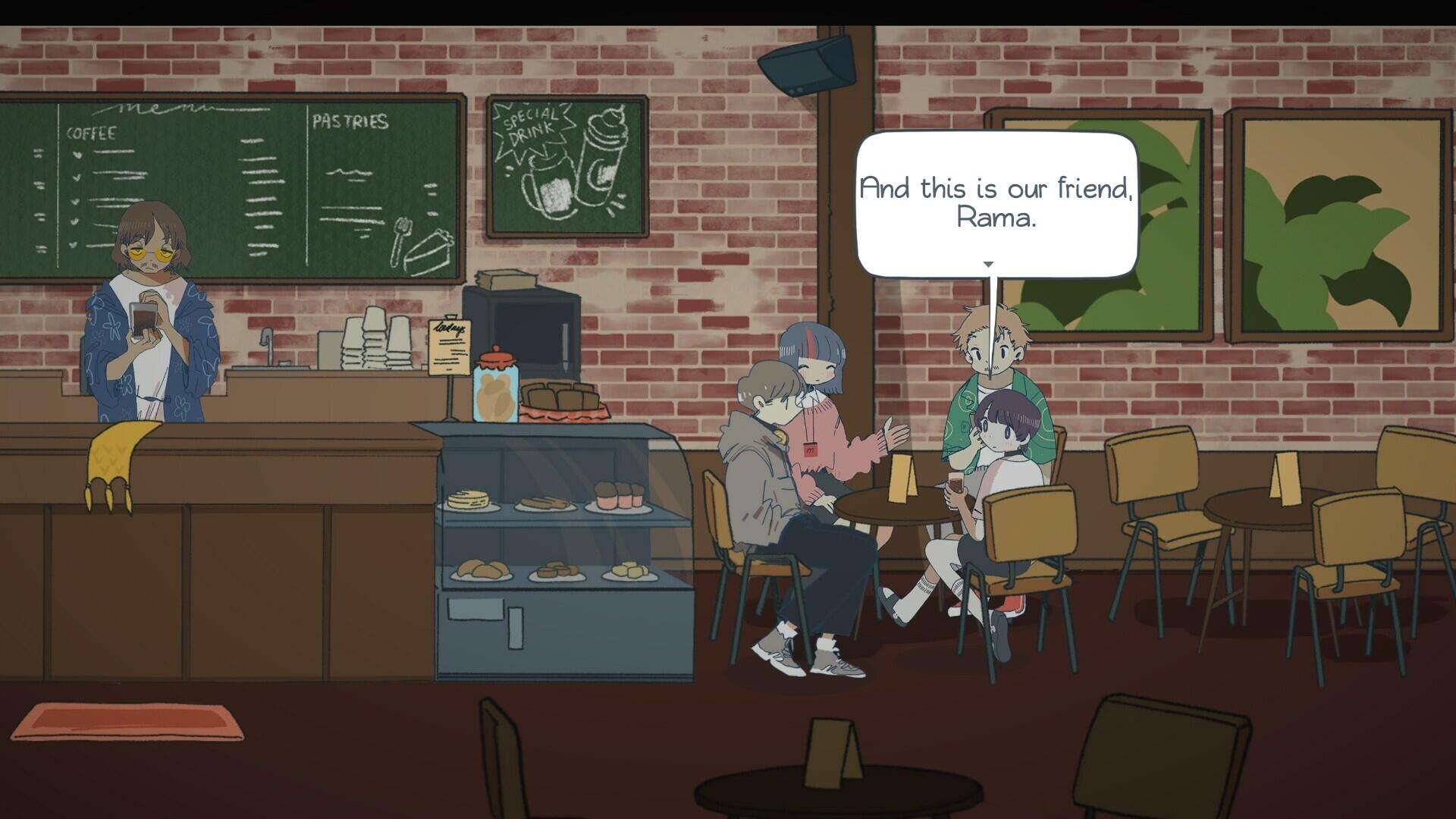 A cozy café scene from the video game Afterlove EP, featuring characters in conversation at a table, with a warm atmosphere and a backdrop of brick walls and green artwork.