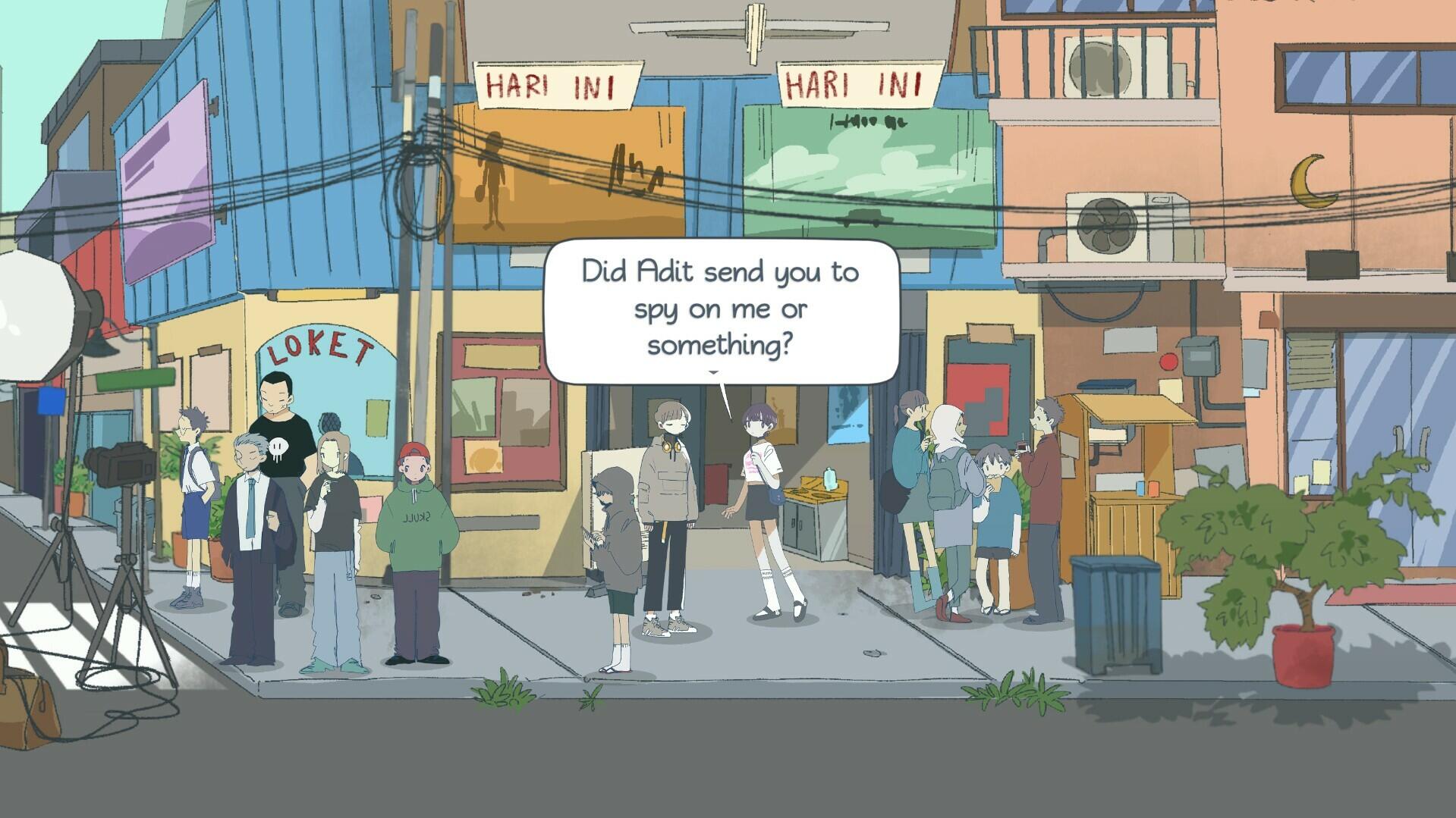 A vibrant HD wallpaper from the video game Afterlove EP, featuring a bustling street scene with characters engaged in conversation and colorful shopfronts.