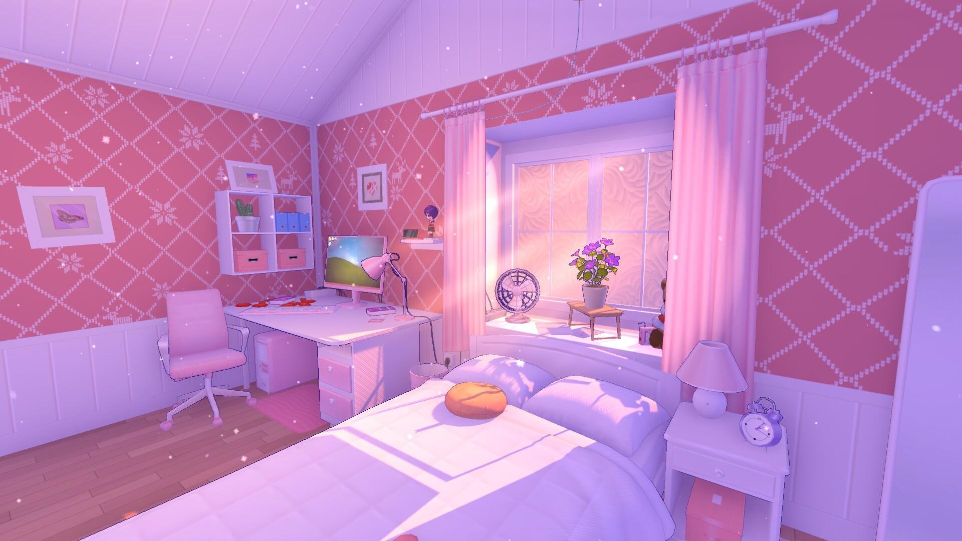 HD PC desktop wallpaper featuring a cozy pink-themed bedroom from the video game MiSide with soft lighting and charming decor elements.