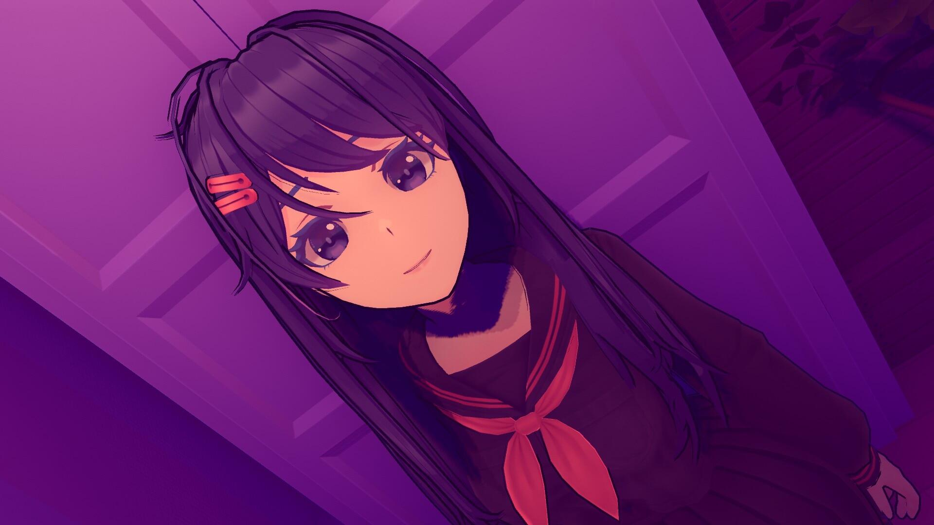 A captivating HD PC desktop wallpaper featuring a character from the video game MiSide, with vibrant colors and a playful expression set against a purple background.