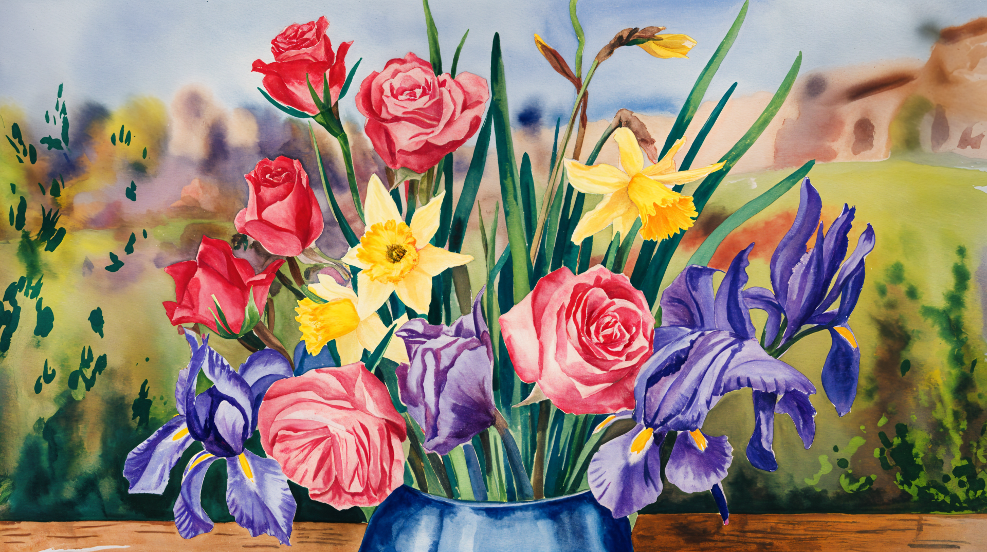 A vibrant bouquet of spring flowers, featuring pink roses, daffodils, and irises, set against a soft, blurred background. A stunning 4K Ultra HD desktop wallpaper.