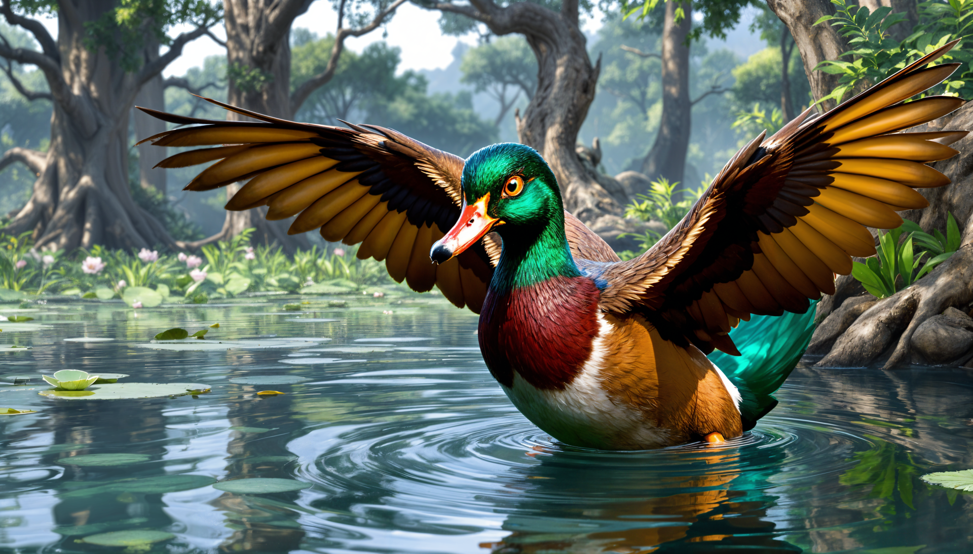 A vibrant wood duck spreads its wings while swimming in serene water, surrounded by lush greenery. This stunning 4K Ultra HD image makes a captivating desktop wallpaper.