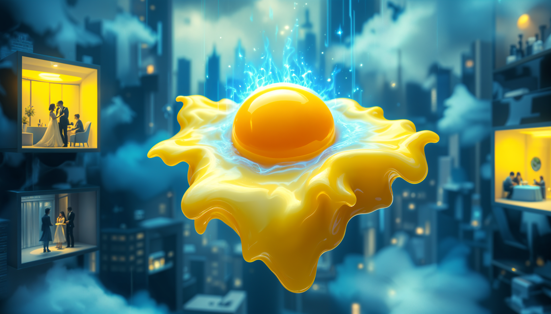 A vibrant, surreal digital artwork featuring a fried egg, set against a backdrop of a futuristic cityscape. This 4K Ultra HD image serves as a striking PC desktop wallpaper.
