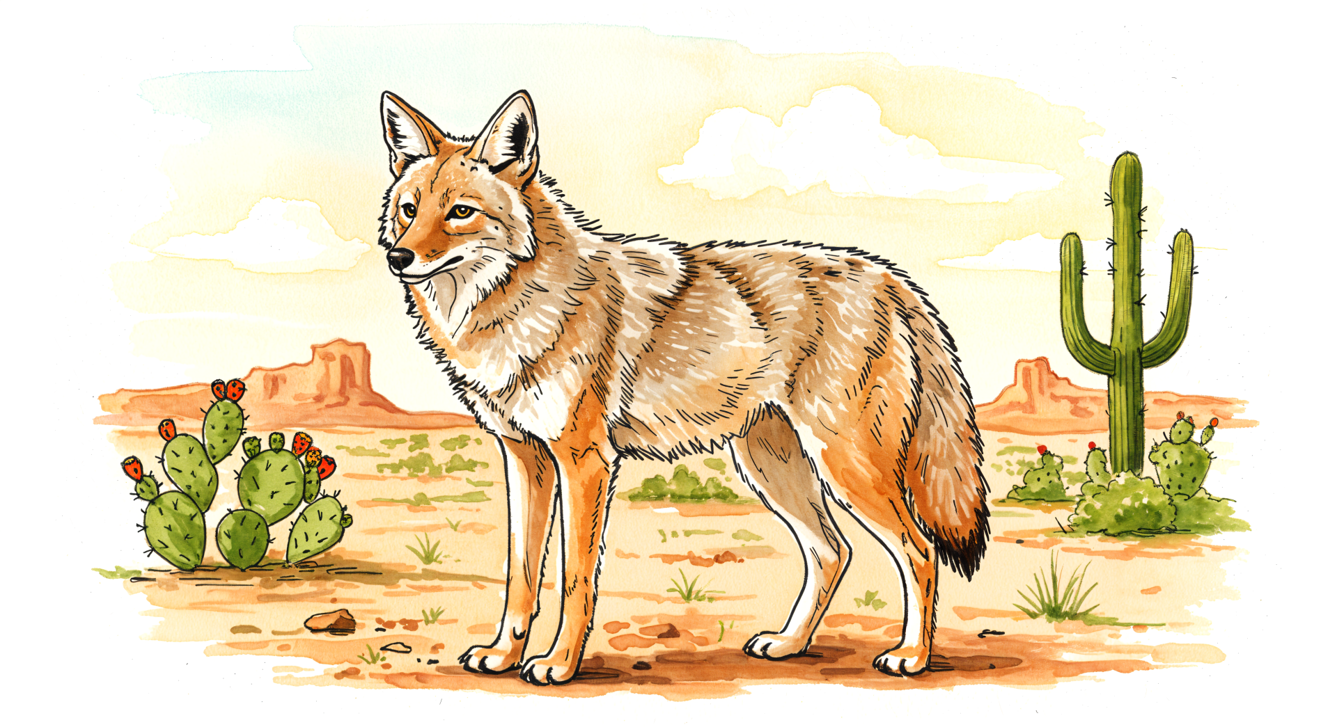 Illustration of a coyote standing in a desert landscape with cacti and rock formations, showcasing wildlife and nature in 4K Ultra HD quality.