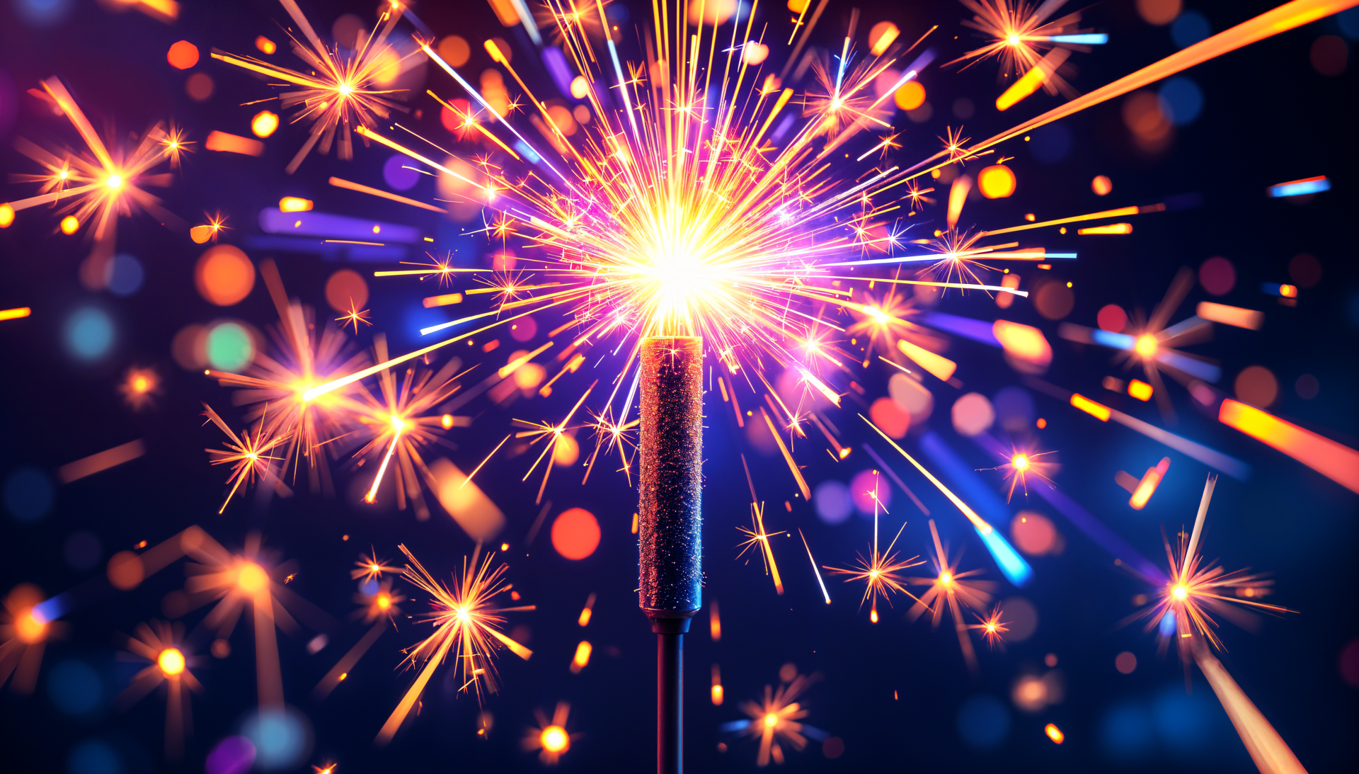 Bright sparkler ignites colorful fireworks against a dark night sky, captured in vivid 4K Ultra HD detail for a vibrant PC desktop wallpaper background.