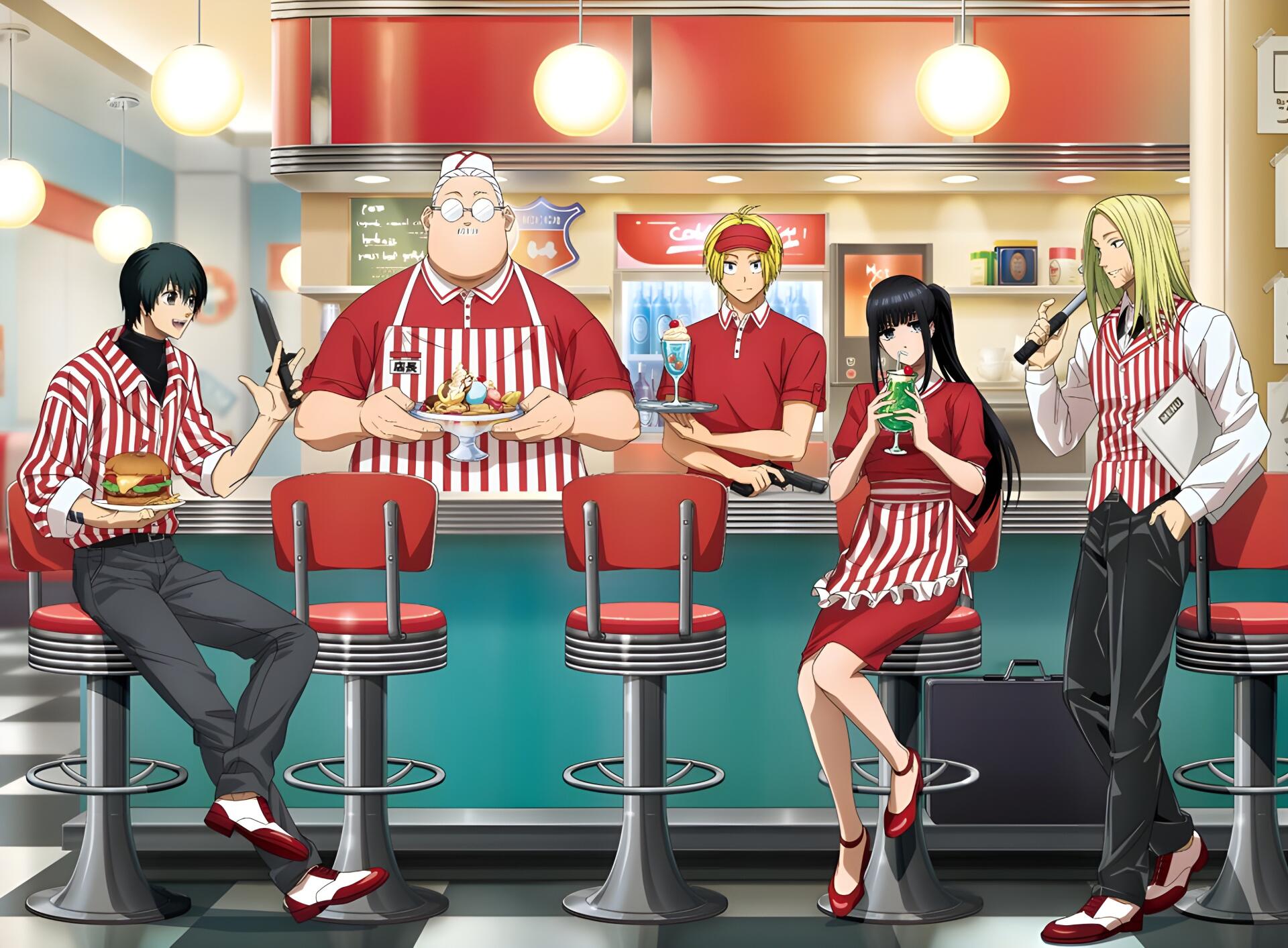 Sakamoto Days anime 2K Quad HD PC desktop wallpaper: main cast in red-striped diner uniforms seated at a retro counter with stools, neon lights and a soda fountain backdrop.