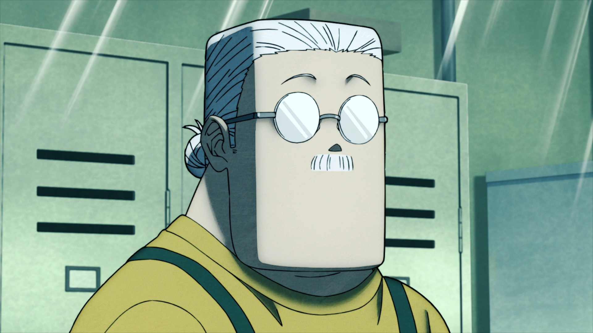 HD anime wallpaper featuring Taro Sakamoto from Sakamoto Days, showcasing his distinctive square face, glasses, and slicked-back white hair in a stylized background.