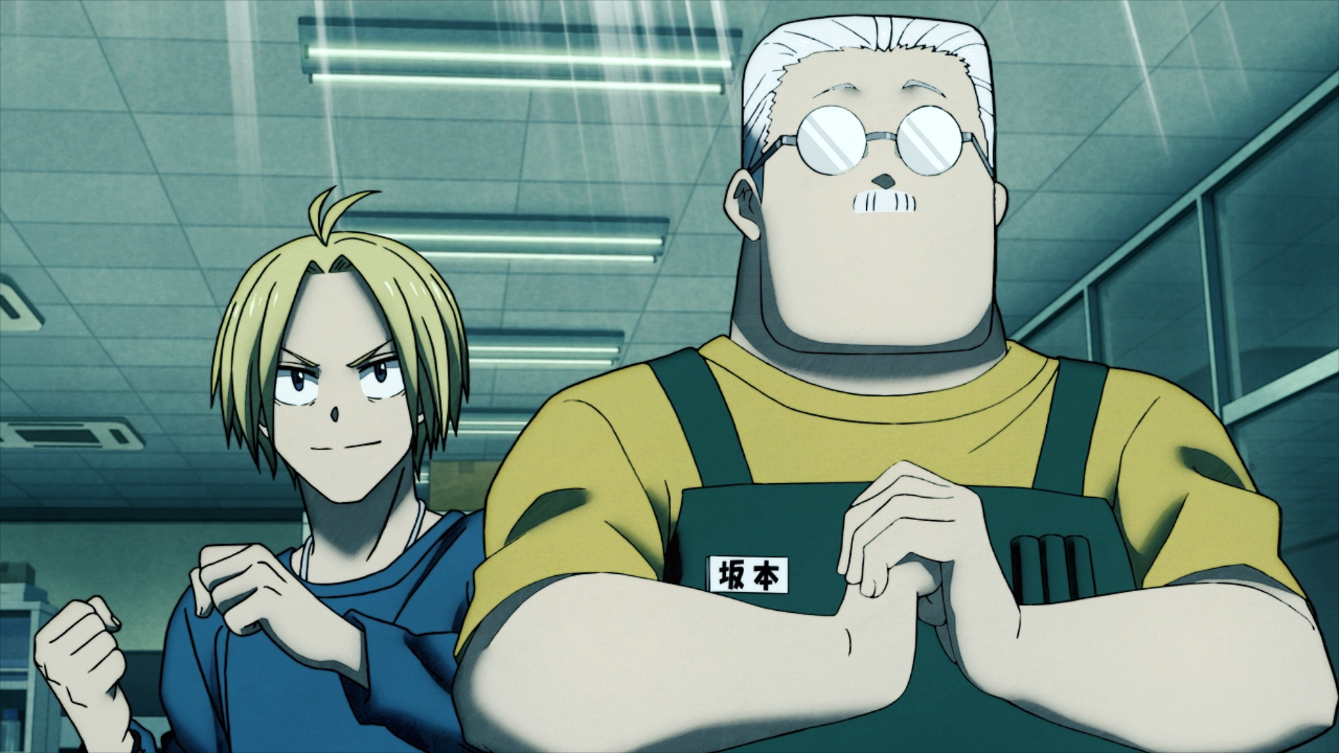 HD PC desktop wallpaper/background from the anime Sakamoto Days: Shin (Sakamoto Days) clenches his fists beside Taro Sakamoto, both standing ready in a fluorescent-lit corridor.