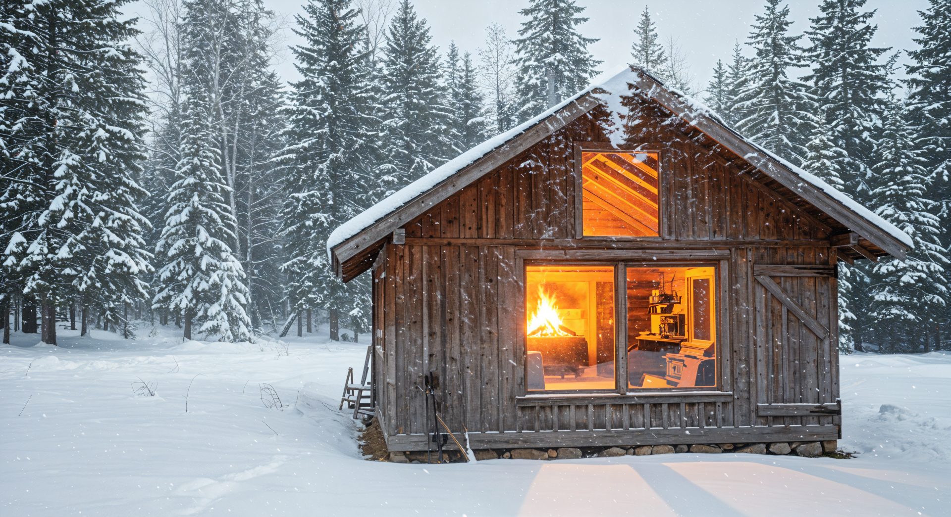A cozy winter cabin glowing warmly inside, surrounded by snow-covered forest, captured in 4K Ultra HD for a PC desktop wallpaper and background.