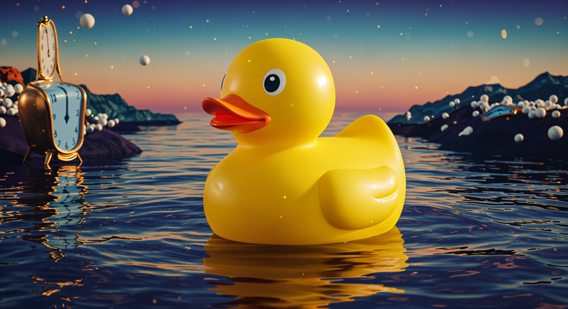 A vibrant yellow rubber duck floats serenely on water, surrounded by a colorful sunset and gentle waves, captured in stunning 4K Ultra HD quality for a captivating desktop wallpaper.
