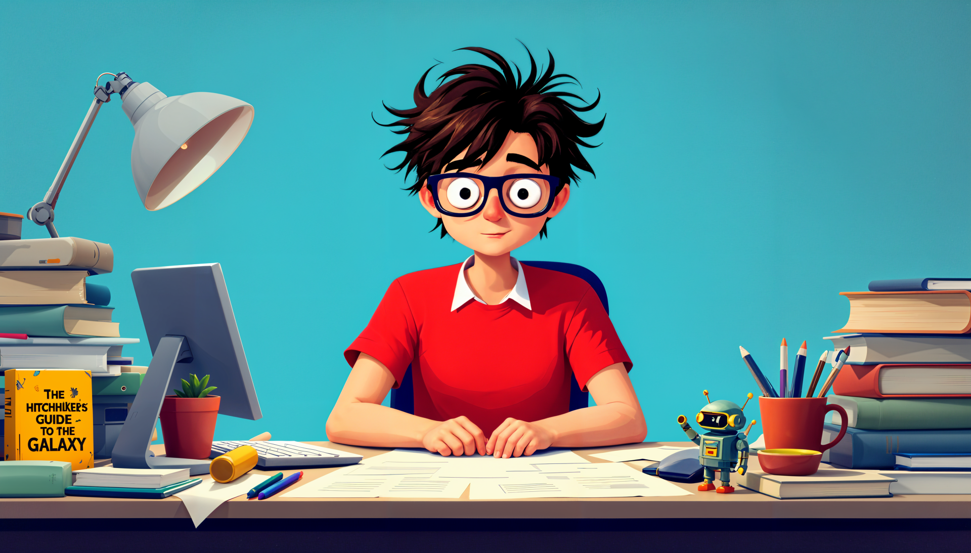 A colorful 4K Ultra HD PC desktop wallpaper featuring a nerdy character with messy hair and glasses sitting at a desk surrounded by books, gadgets, and a cheerful atmosphere.