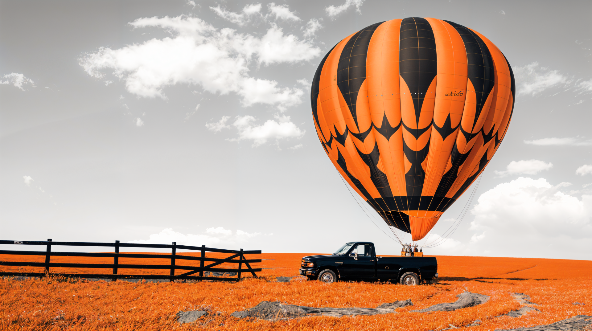 A vibrant orange hot air balloon ascends against a striking landscape, featuring a vintage truck and a wooden fence, creating an enchanting scene for a dream vacation backdrop.
