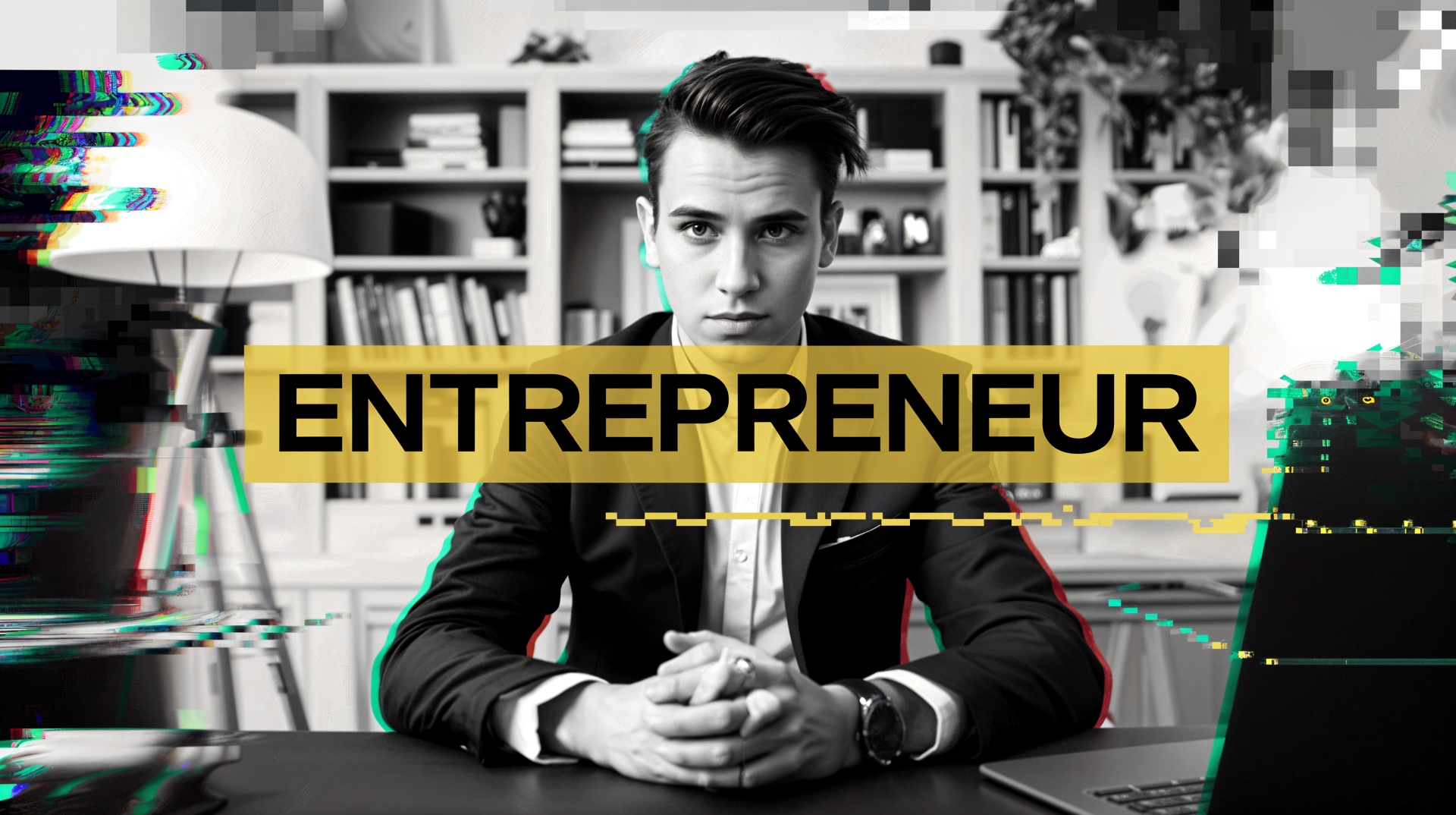 A confident entrepreneur in formal attire sits at a desk, hands clasped, with a modern workspace in the background. The image features a bold “ENTREPRENEUR” overlay.